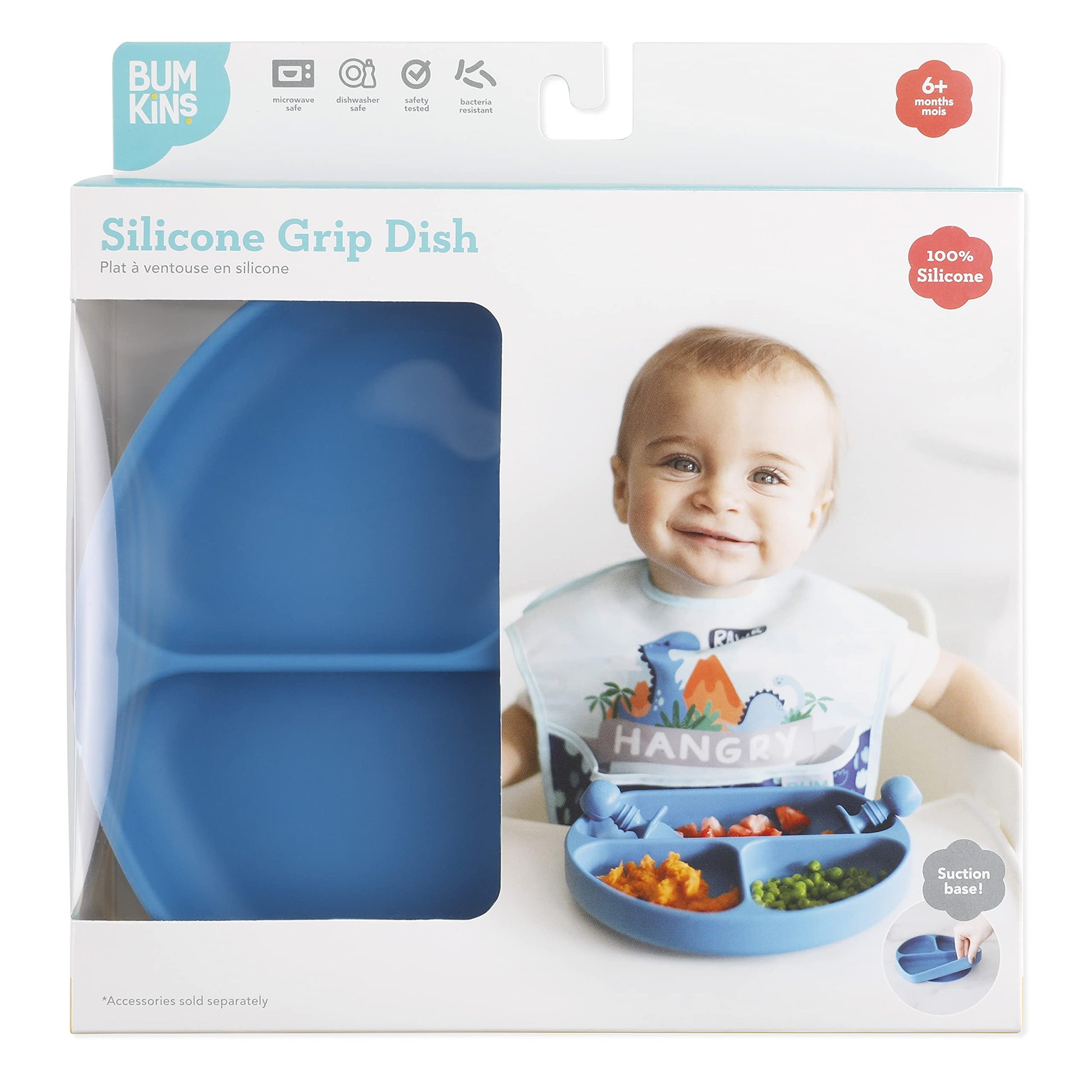 Bumkins - Plato de silicona de agarre para bebés y niños, plato de 3 secciones, apto para horno y microondas, sin BPA, lavable en lavavajillas, color D2 Dark Blue-GD