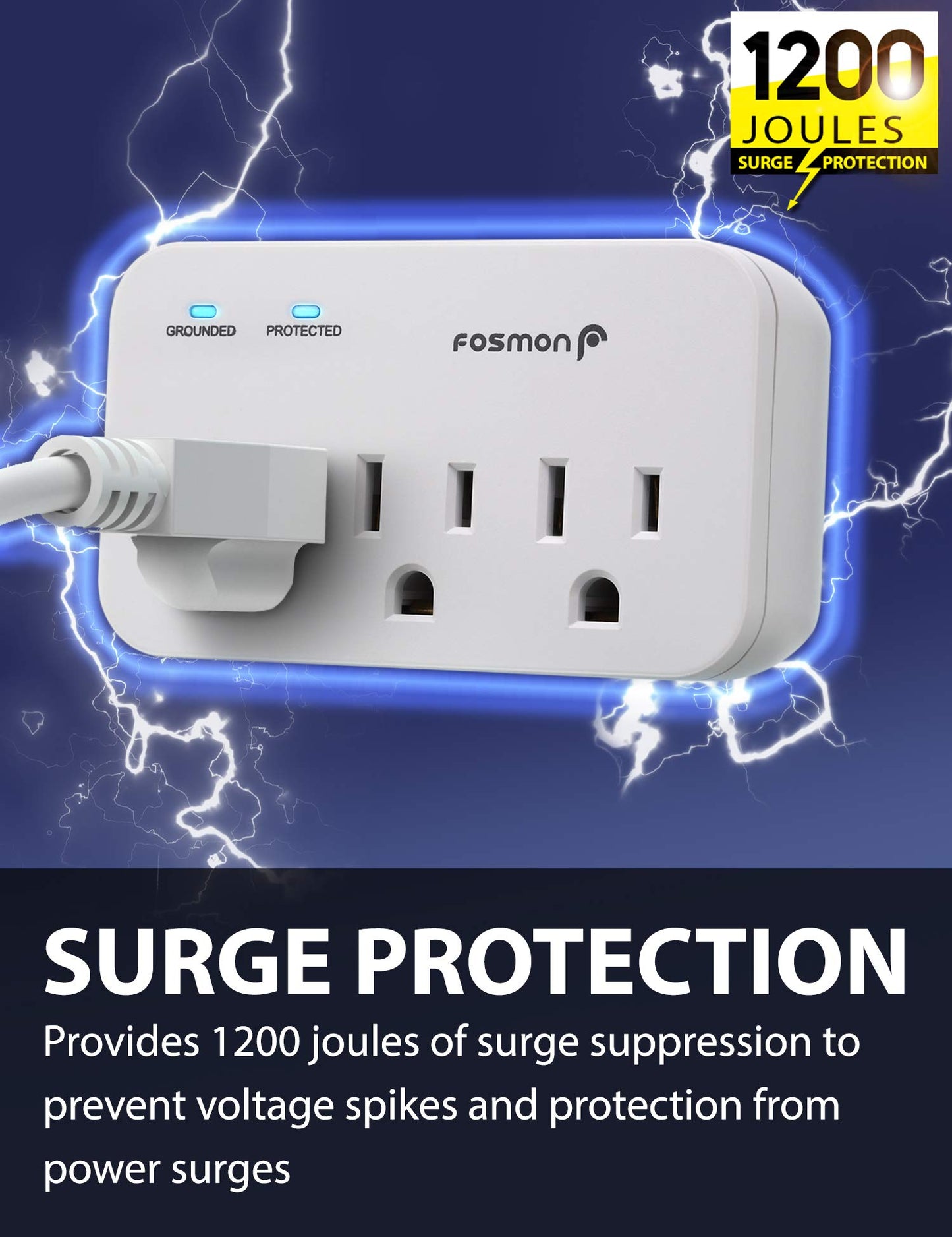 Fosmon - Protector de sobretensiones para refrigerador, 3 tomas, protector de sobretensiones para electrodomésticos de alta resistencia con altos julios para nevera, microondas, lavadora, puerta de