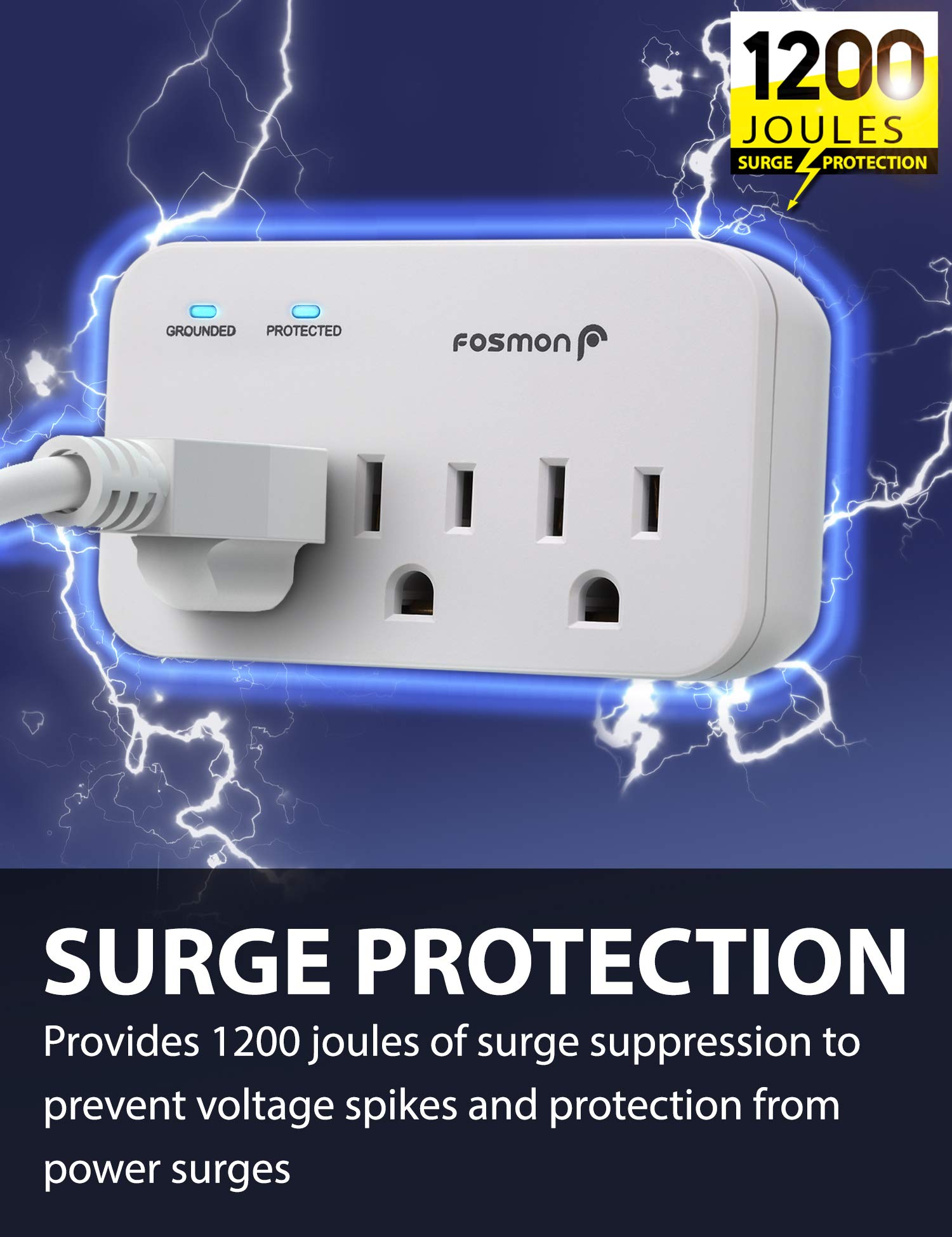 Fosmon - Protector de sobretensiones para refrigerador, 3 tomas, protector de sobretensiones para electrodomésticos de alta resistencia con altos julios para nevera, microondas, lavadora, puerta de
