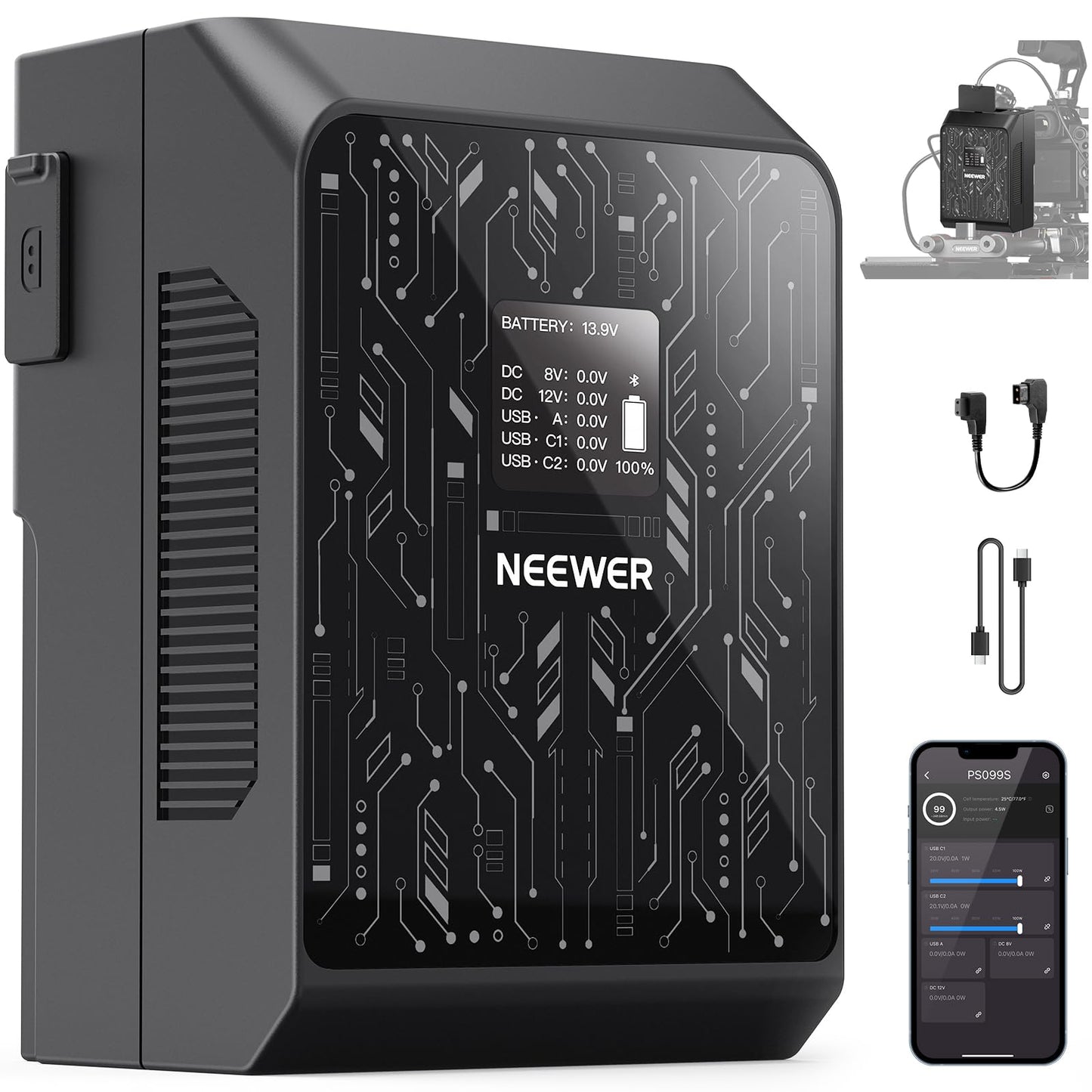 Batería Mini V Mount NEEWER Negra con Control App y Carga Rápida para Cámara y Luz Video