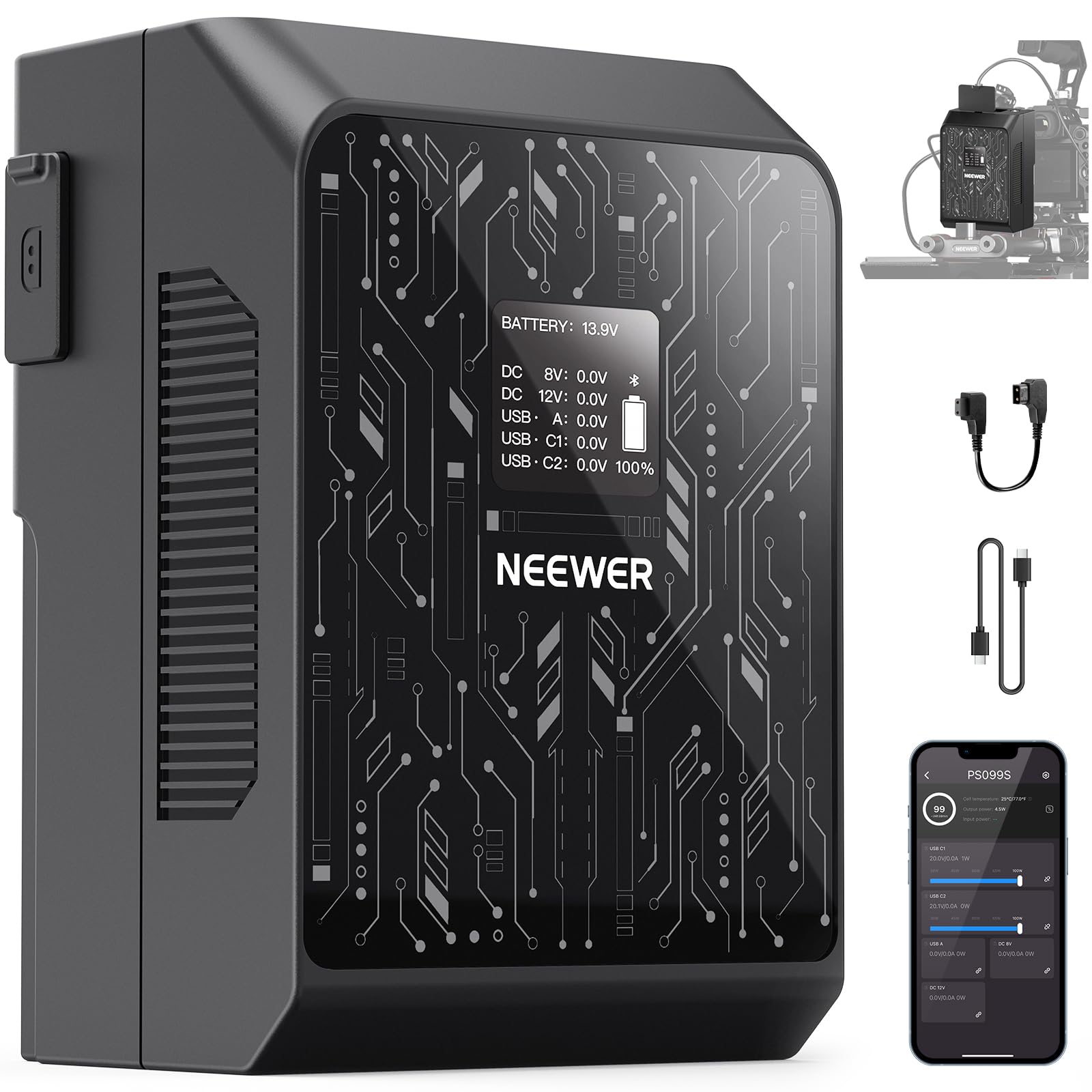 Batería Mini V Mount NEEWER Negra con Control App y Carga Rápida para Cámara y Luz Video