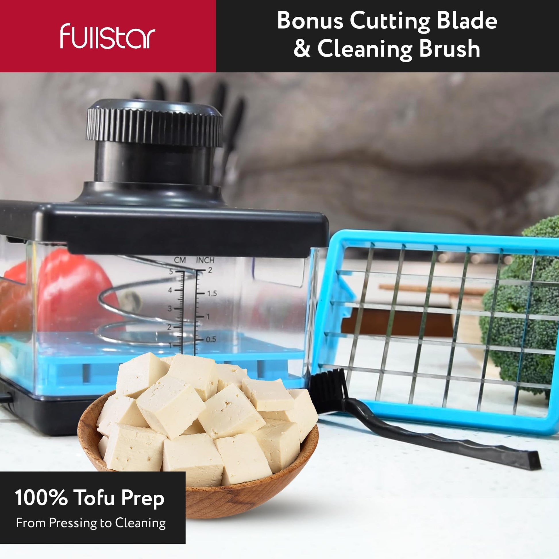 Fullstar - Prensa y cortador de tofu 2 en 1, apto para lavaplatos, sin BPA, caja de prensa para tofu extra firme y sedoso (azul)