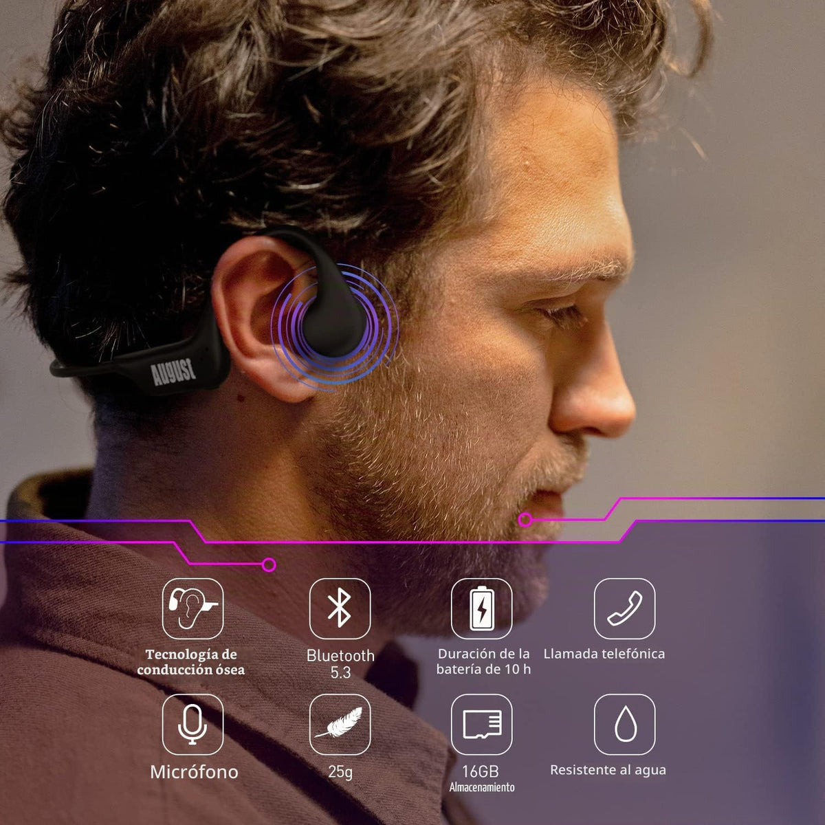 Auriculares August Bluetooth 5.3 con Sonido Óseo y Memoria MP3