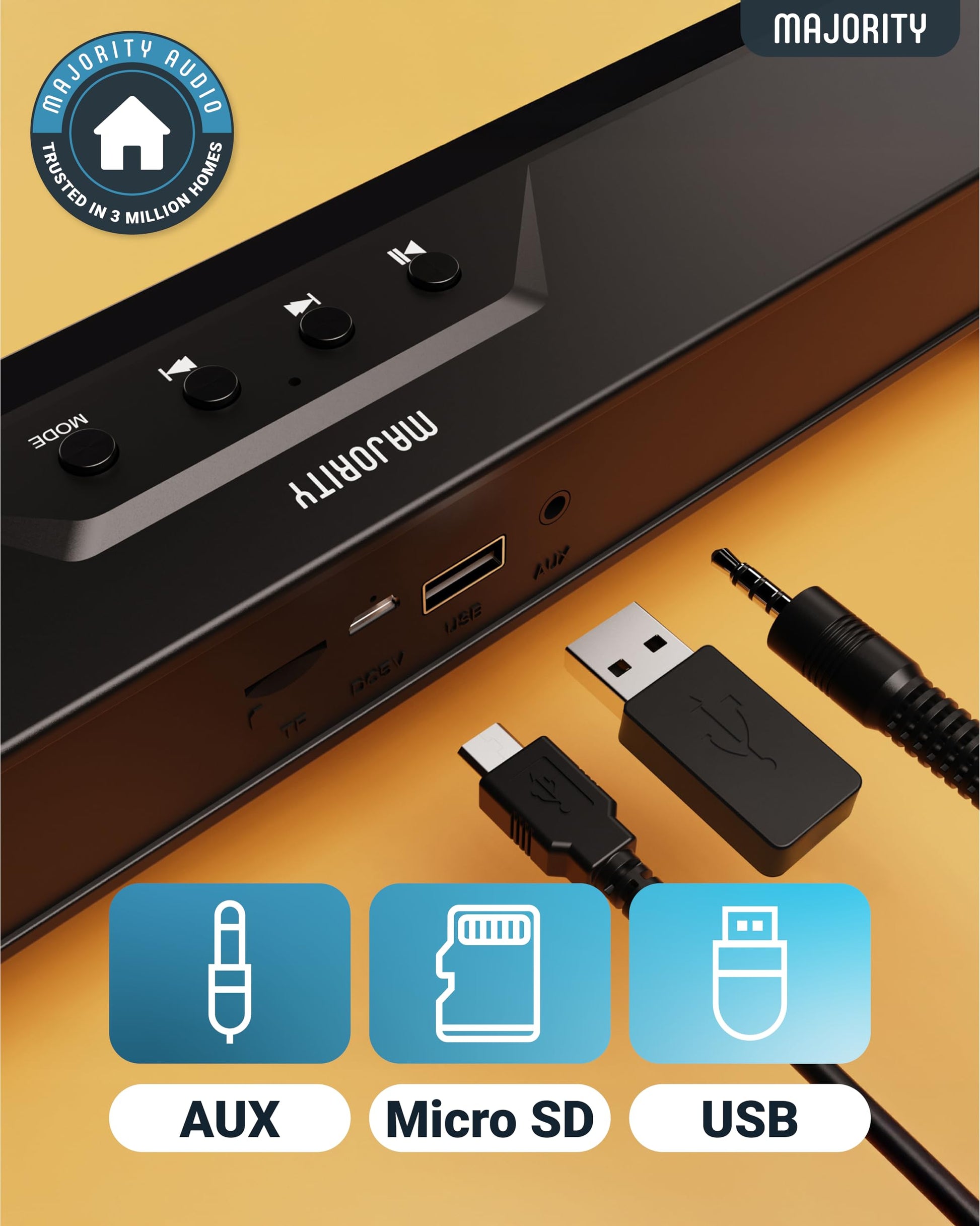 Majority Atlas - Barra de sonido portátil Bluetooth 20W, 8 horas de reproducción, control de un solo toque, USB, tarjeta SD y más