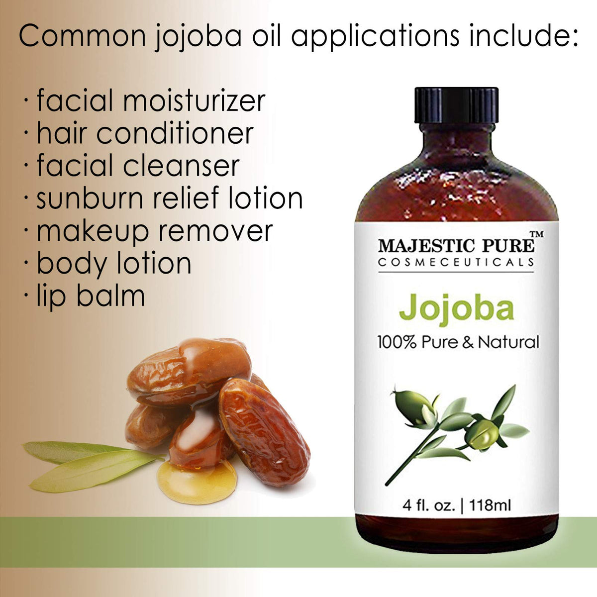 Majestic Pure Jojoba Oil for Hair, Skin or As Carrier Oil, 4 fl. oz.