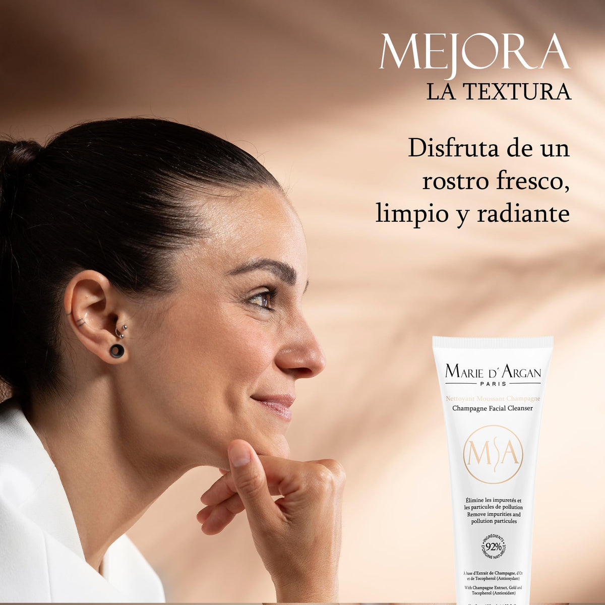 Marie D’Argan Limpiador Facial Champagne Con Oro Coloidal Y Vitamina E 125 ml, Limpieza Profunda, Control De Grasa, Ilumina Y Renueva, Sin Parabenos, Para Piel Normal, Mixta Y Grasa