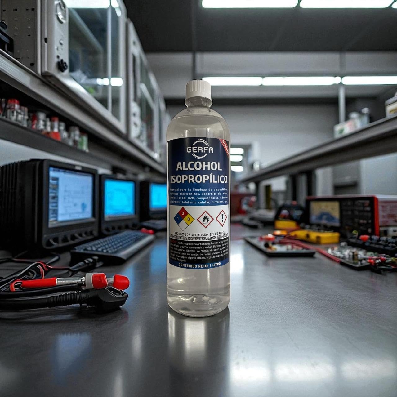 GERFA Alcohol Isopropílico 99% Pureza, 1 Litro - Ideal para Limpieza de Equipos Electrónicos, y Componentes Delicados. Alcohol de Alta Calidad para Mantenimiento y Uso Profesional