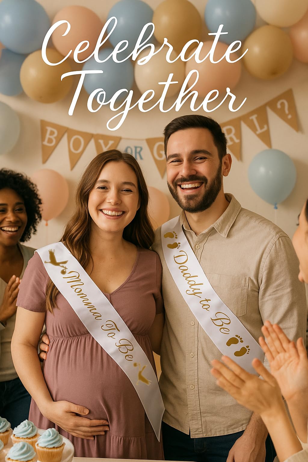 Paquete de fajas para baby shower "Momma To Be" y "Daddy To Be", con linda imagen de cigüeña (letras blancas y doradas), decoraciones para fiestas de baby shower para niñas y niños, regalos