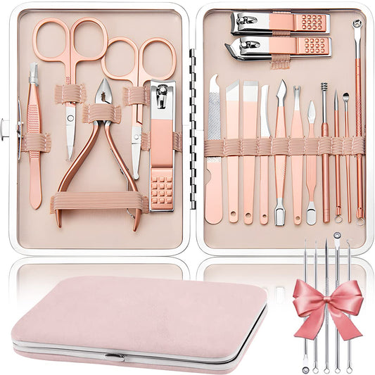 Set de manicura HONGHCL 23 en 1 Acero Inoxidable - Kit Completo para Uñas y Cutículas en Caja de Cuero Rosa