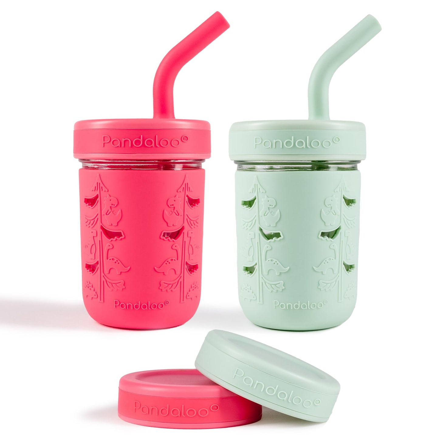 Pandaloo Mason Jar Vaso para Niños Pequeños | Vasos de Vidrio de 8 oz con Funda y Tapas de Silicona | Vasos de Batidos y Aperitivos Resistentes a Derrames para Niños | Sin BPA | Pajita Interior de