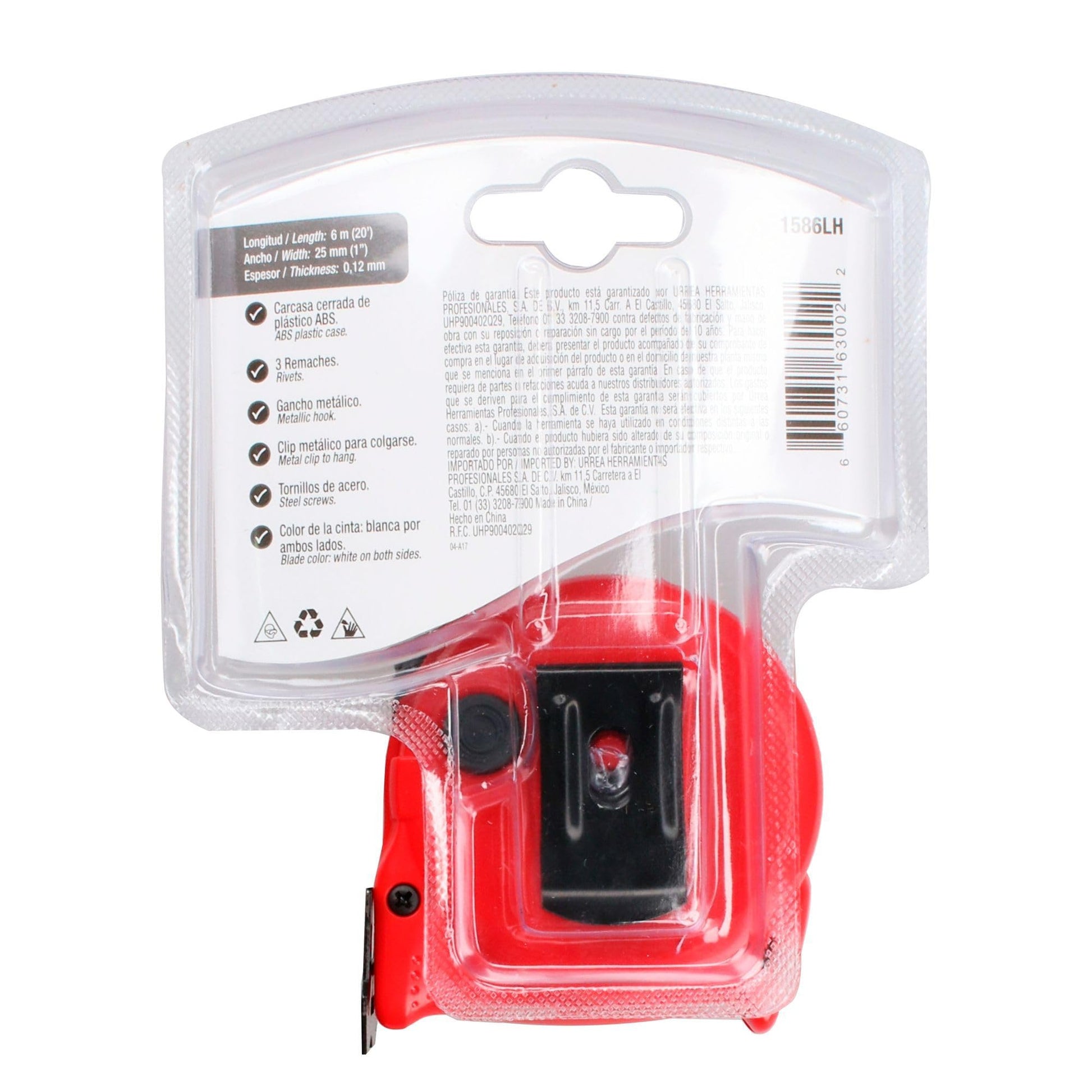 Flexómetro Industrial Urrea Rojo con Hoja de Acero y Carátula de ABS y TPR