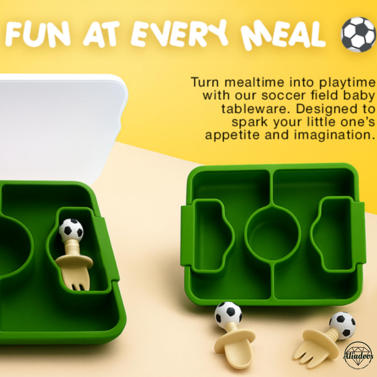 Juego de platos y utensilios de silicona para bebé, vajilla dividida de succión fuerte con tapa, tenedor y cuchara, esenciales de alimentación de grado alimenticio sin BPA, regalo temático de fútbol