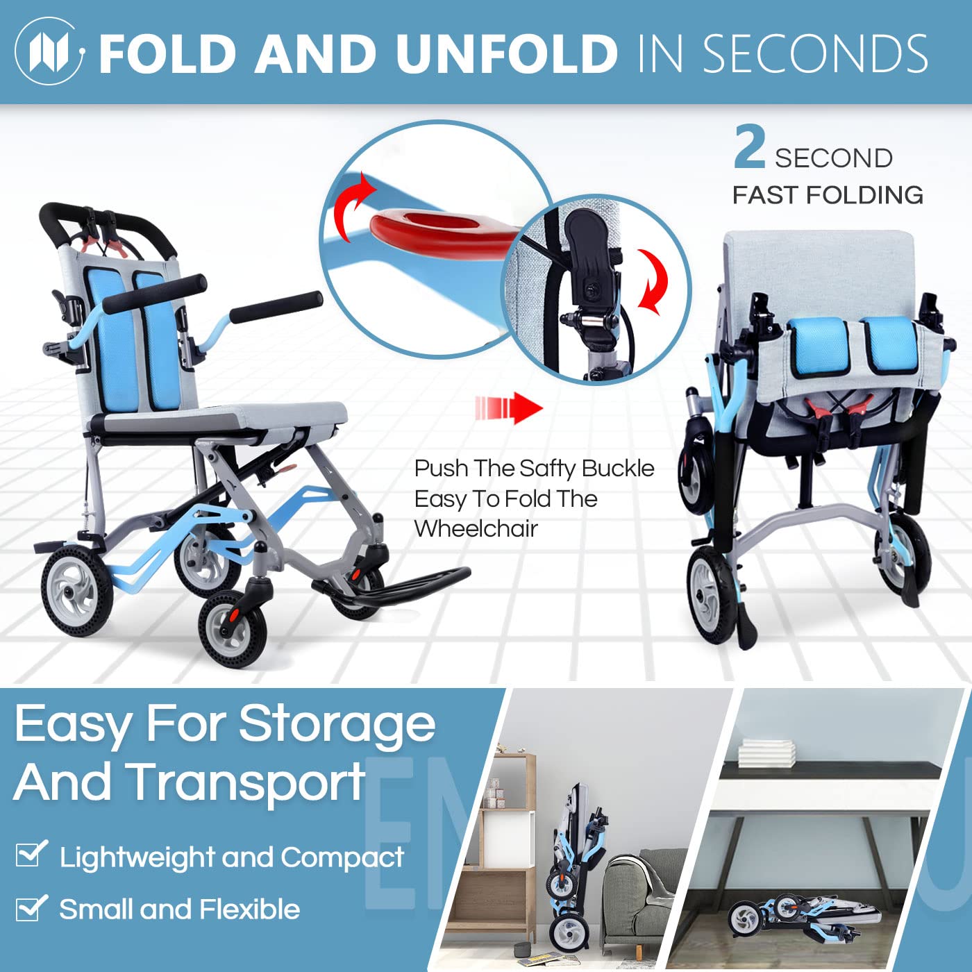 Silla de Ruedas Ultraligera de Aluminio Azul Portátil y Plegable Para Viaje