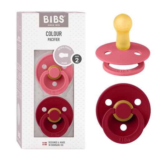 BIBS Chupones Colour Pack de 2, Tetina redonda de látex natural, Talle 2, Color Coral/Ruby, 6 a 18 meses, Hecho en Dinamarca