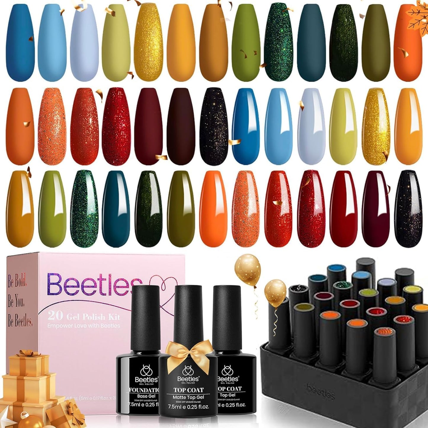 Beetles de esmalte de uñas de gel, esmalte de uñas de gel de otoño invierno rojo amarillo naranja verde juego de esmalte de gel con capa superior de gel brillante y mate capa base de uñas regalos para mujeres