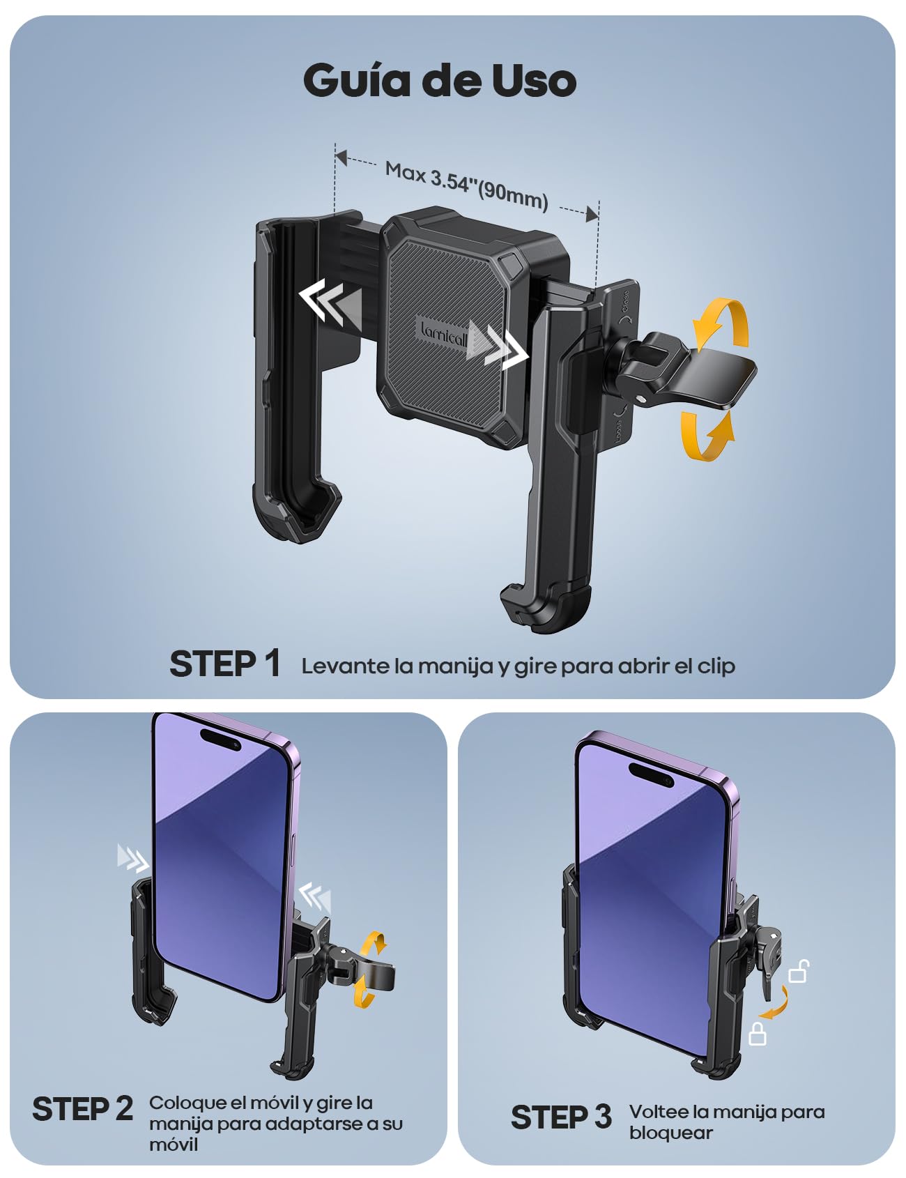 Lamicall Porta Celular para Moto - [No Cover Cámara] [1s Bloquear y Desbloquear] Soporte para Bicicleta Motocicleta para 2.4~3.54" Celular de Ancho, iPhone 16/15/14/13/12/11, Samsung, Xiaomi, Huawei
