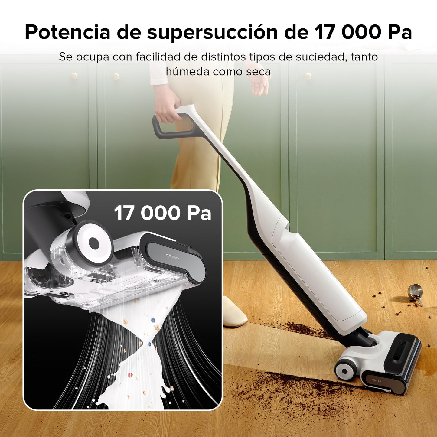 Aspiradora en húmedo y seco Roborock Flexi, diseño FlatReach de 180°, mopa inalámbrica de 17 000 Pa con autolimpieza con Agua Caliente y autosecado, Borde a Borde, mosaicos y Pisos Duros