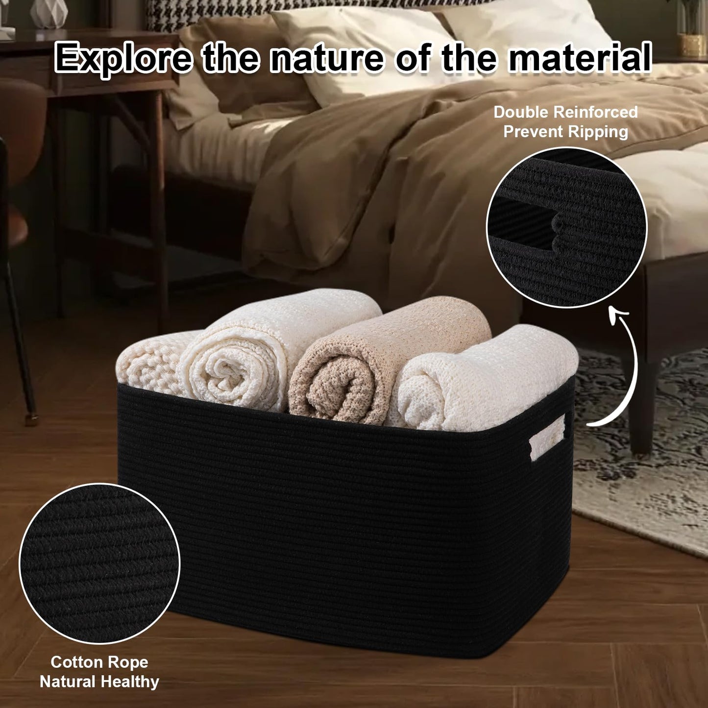 OIAHOMY - Cesta grande de 75 litros, cestas de almacenamiento con asa, cesta rectangular de cuerda de algodón tela, cubos organizadores de juguetes, 22 x 17 x 12 pulgadas, color negro carbón