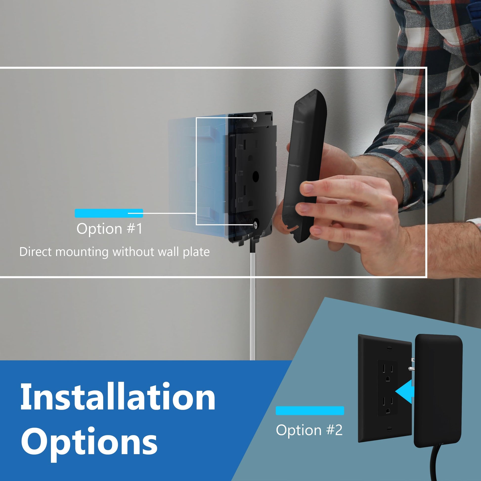 LIDER Extensor de salida de cara plana con 3 receptáculos, enchufe de placa de pared ultrafino con extensor de cable y tira de alimentación de 3 tomas, cable de 8 pies, LWE8-315-BK2P, listado ETL