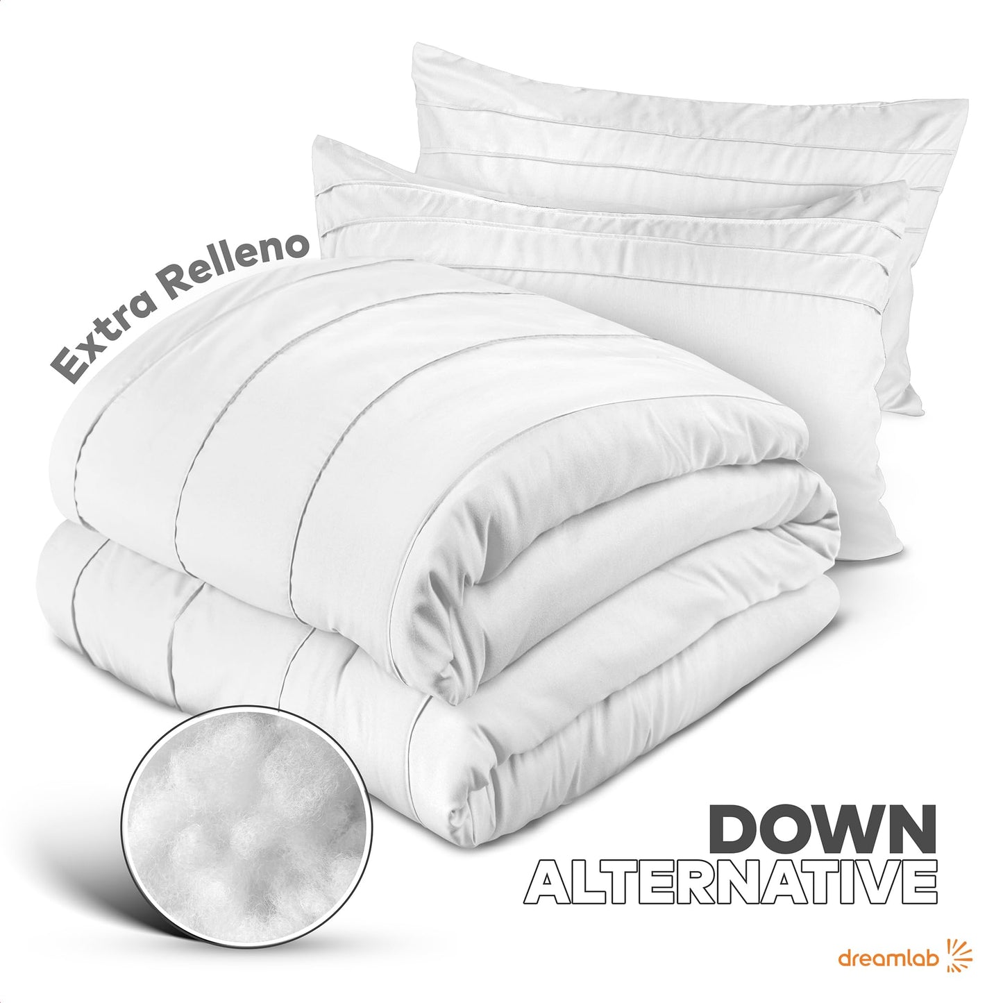 Dreamlab Juego Edredón Acolchado Reversible, Plisado, Ultra Suave, Hipoalergénico, Incluye 2 Fundas de Almohada, Ideal para Todo el Año. Set 2 Pzas, Tamaño King Sobredimensionado 285x238cm, Blanco