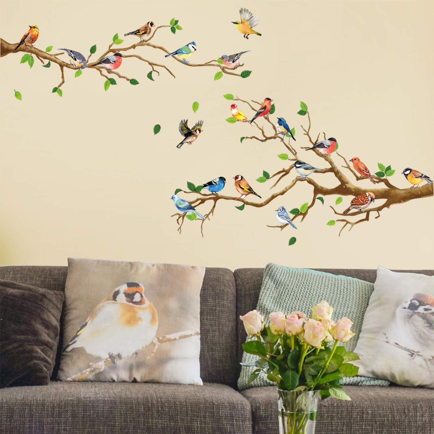 DILIBRA - calcomanía decorativo para pared con diseño de colibrí en la rama del árbol, hoja verde y pájaro volador, vinilo decorativo para pared autoadhesivo, para jardín, sala de estar, recámara,