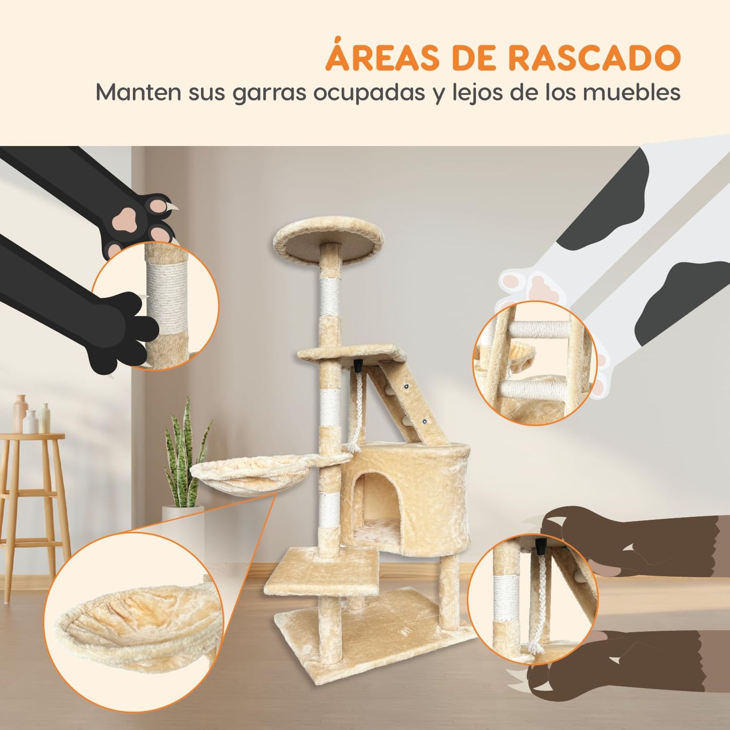 Mueble Rascador para Gato POLI PETS Bambino Multifuncional con Felpa Suave