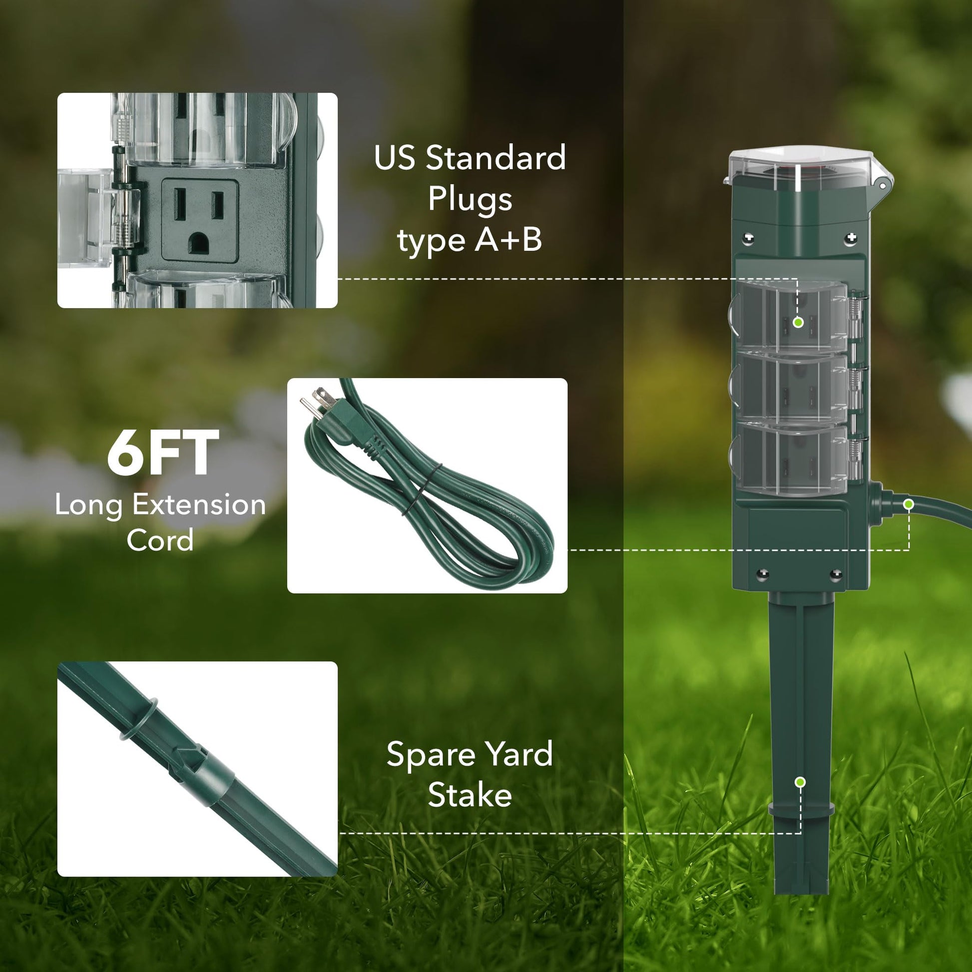 HBN Regleta Exterior con Estaca y Cable de Extensión de 6 pies, Múltiples Tomas con 6 Enchufes a Tierra, Cable Impermeable para Luces de Navidad y Exteriores, Certificación ETL