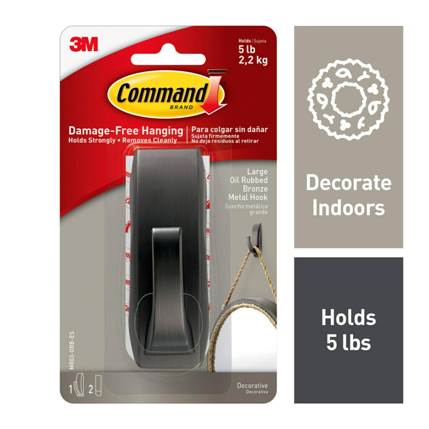 Command moderna Reflexiones gancho de metal para baño, pequeña, níquel satinado, 1-hook con tiras resistentes al agua (mr01-sn-bes), Large, Oil-Rubbed Bronze