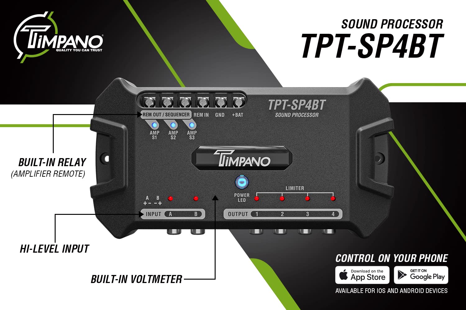 Procesador de Audio DSP Timpano Bluetooth con Voltímetro y Relé Remoto para Coche
