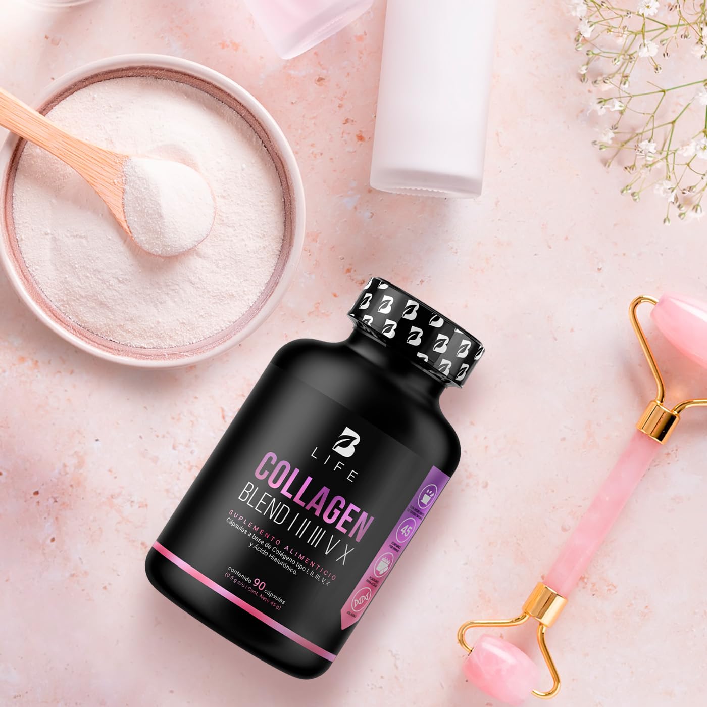 Colágeno Hidrolizado Tipo I, II, III, V y X de 90 Cápsulas 1000 mg por porción. Adicionado con Vitamina C y Ácido Hialurónico. Ingredientes Naturales. Collagen Blend I, II, III, V X B Life
