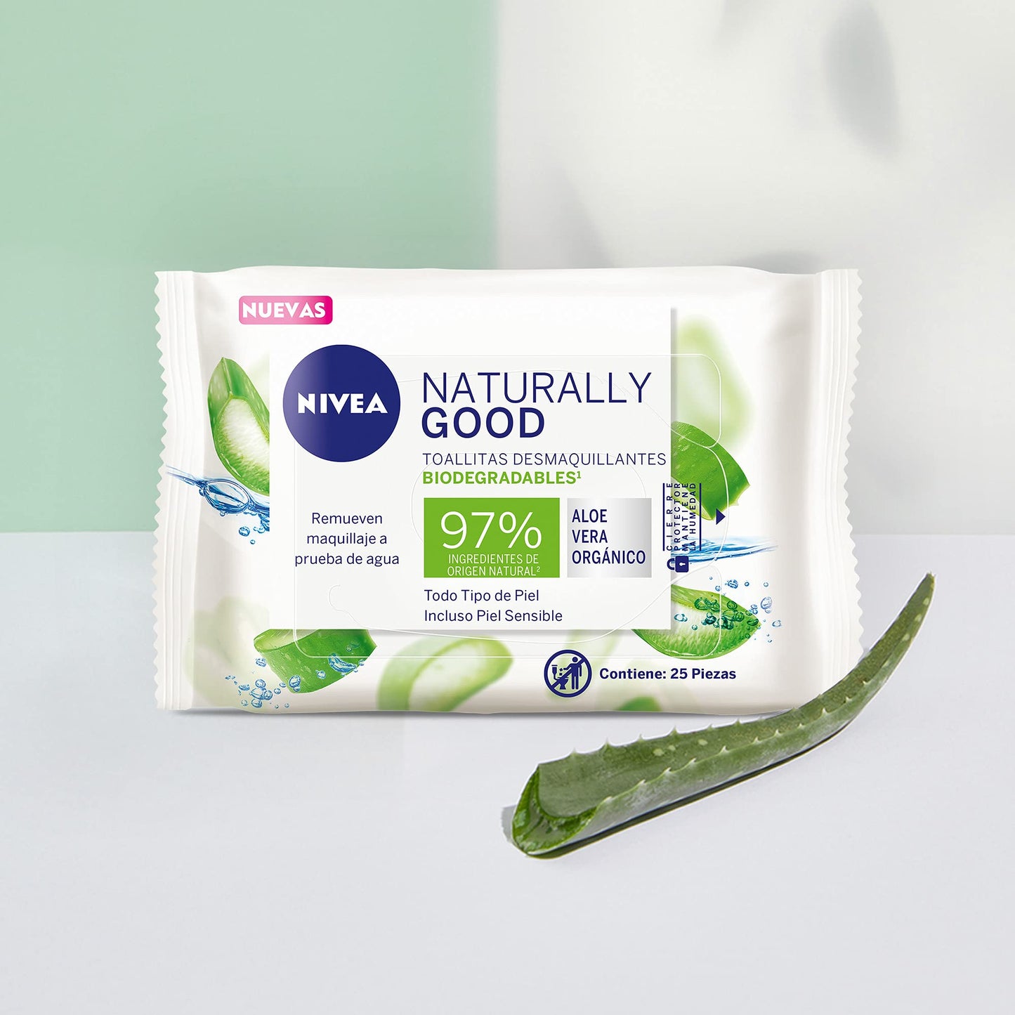 NIVEA Toallitas Faciales Desmaquillantes Biodegradables Naturally Good (25 piezas), Enriquecidas con Aloe Vera Orgánico, Remueven maquillaje a prueba de agua, ideal para Todo tipo de Piel