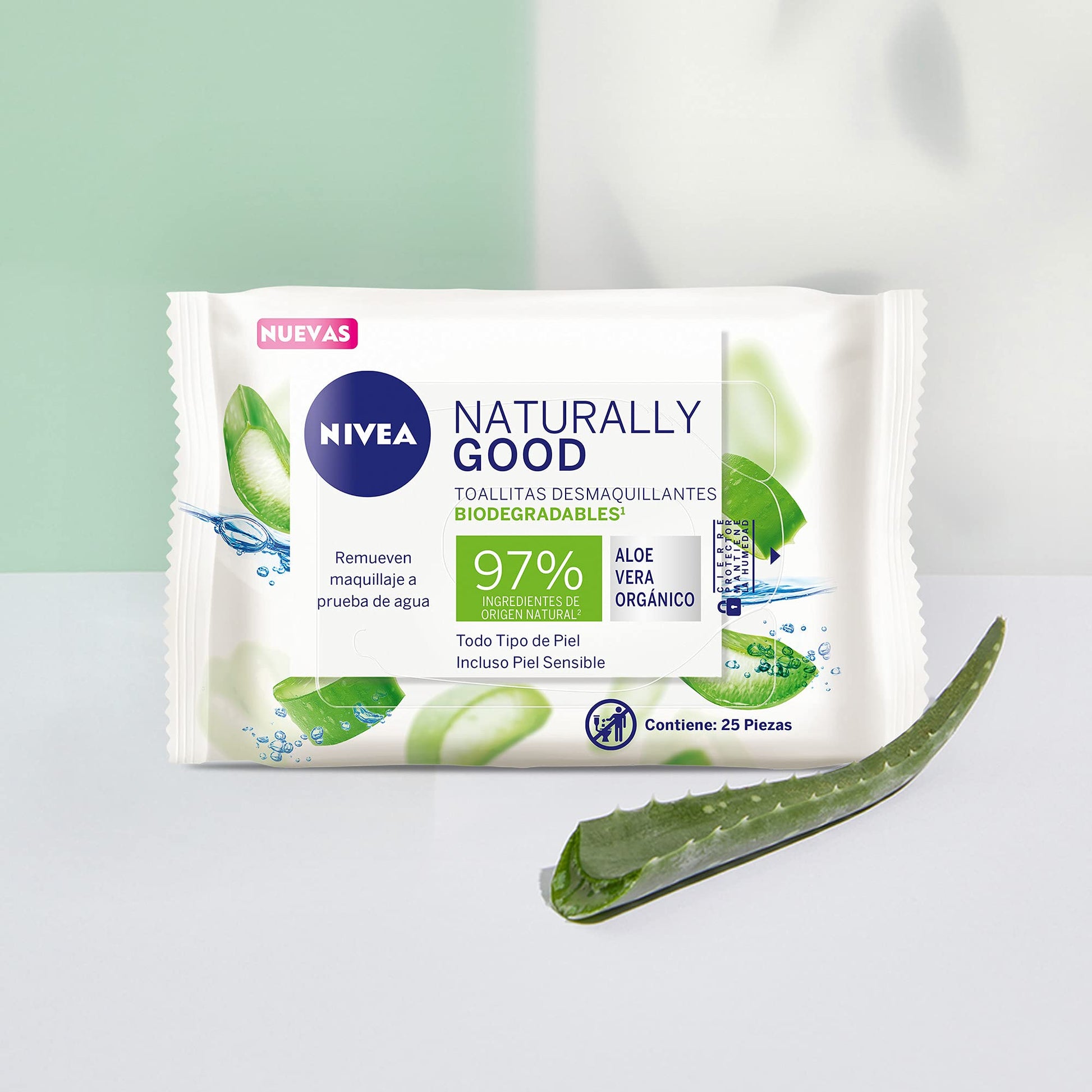NIVEA Toallitas Faciales Desmaquillantes Biodegradables Naturally Good (25 piezas), Enriquecidas con Aloe Vera Orgánico, Remueven maquillaje a prueba de agua, ideal para Todo tipo de Piel