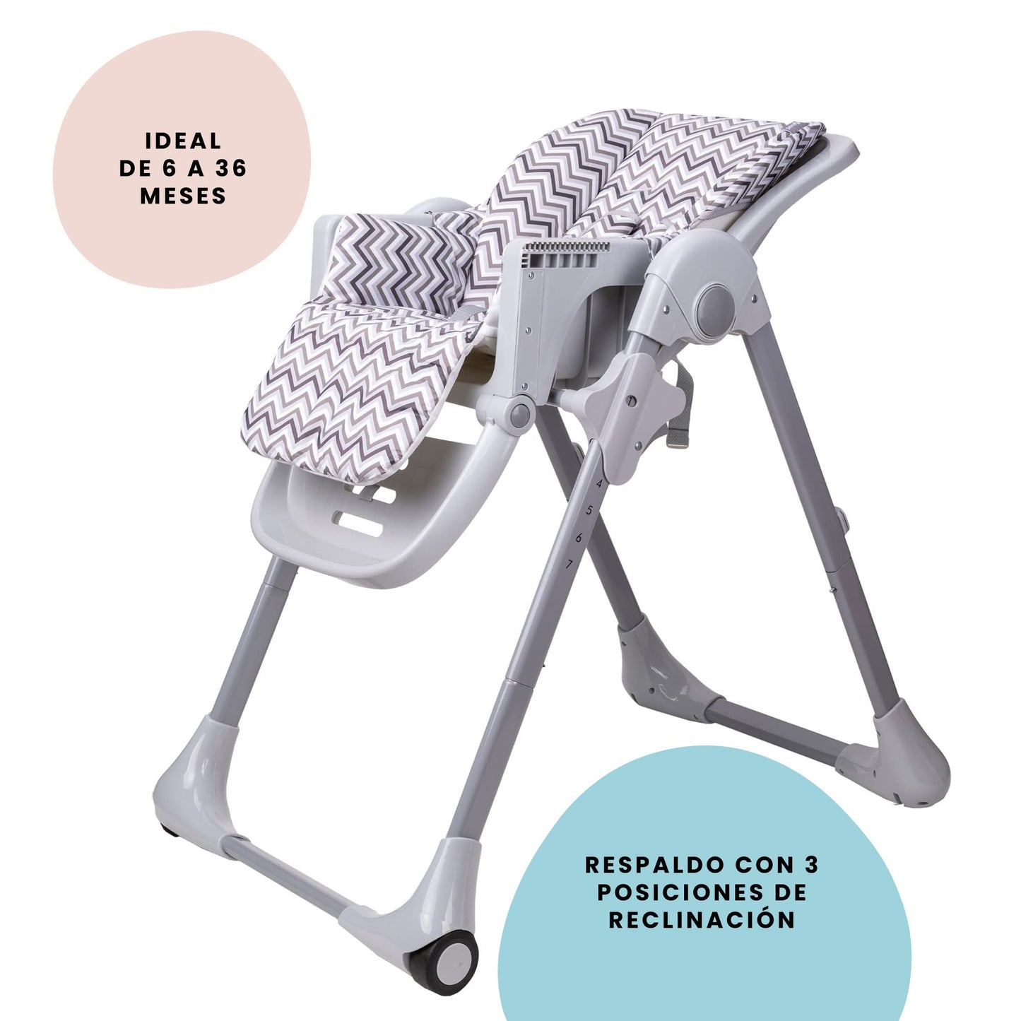 Safety 1st Silla Alta Periquera Tavola, Zig Zag, 7 posiciones de altura, 3 de reclinación, reposapiés ajustable, doble charola, plegado compacto.