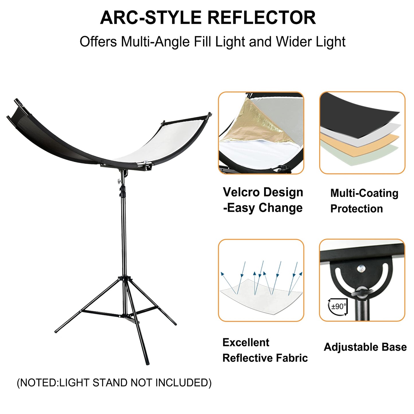 FUDESY Reflector/difusor de luz de concha, reflector curvado de iluminación de fotografía de 170.18 x 60.96 cm, para fotografía y estudio de fotos, con reflectores negro/plateado/blanco/dorado, bolsa