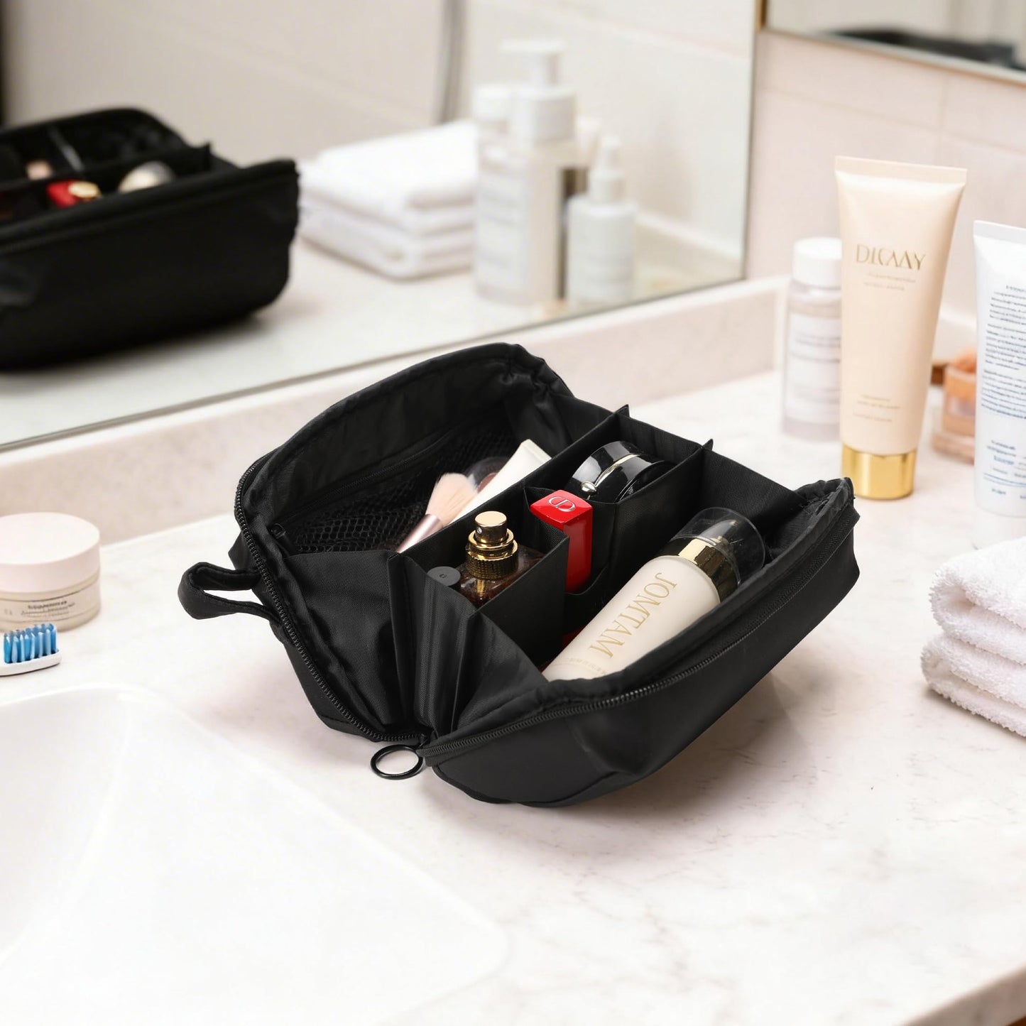 FINEASY - Bolsa de maquillaje para viajes, estuche de cosméticos mediano para mujer, gran capacidad, portátil, con cierre, organizador de cosméticos con compartimentos, Negro, Medium