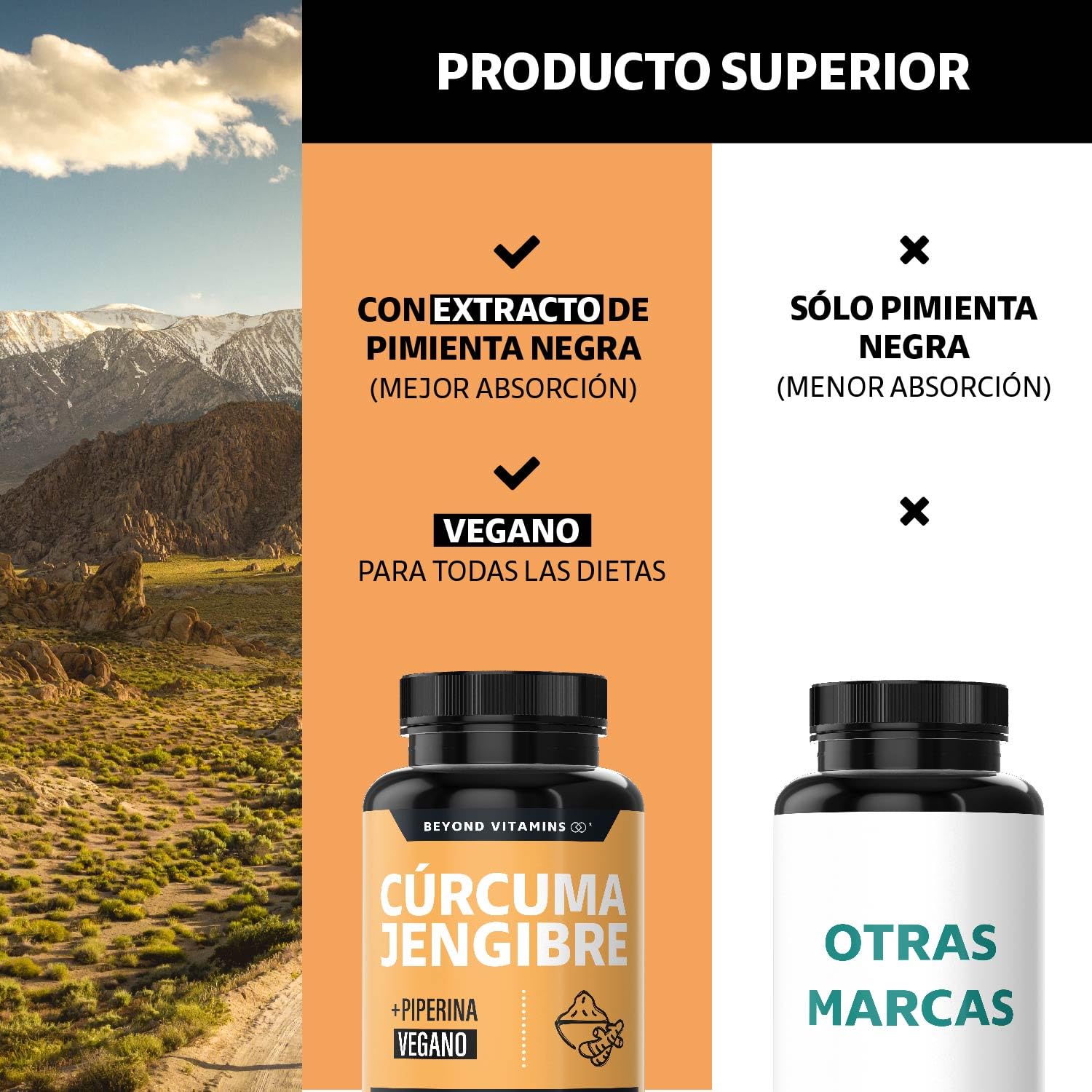 Beyond Vitamins | Cúrcuma + Jengibre potenciado con Pimienta Negra (Piperina) – Máxima Absorción y Calidad Garantizada | Vegano | (180 Cápsulas)