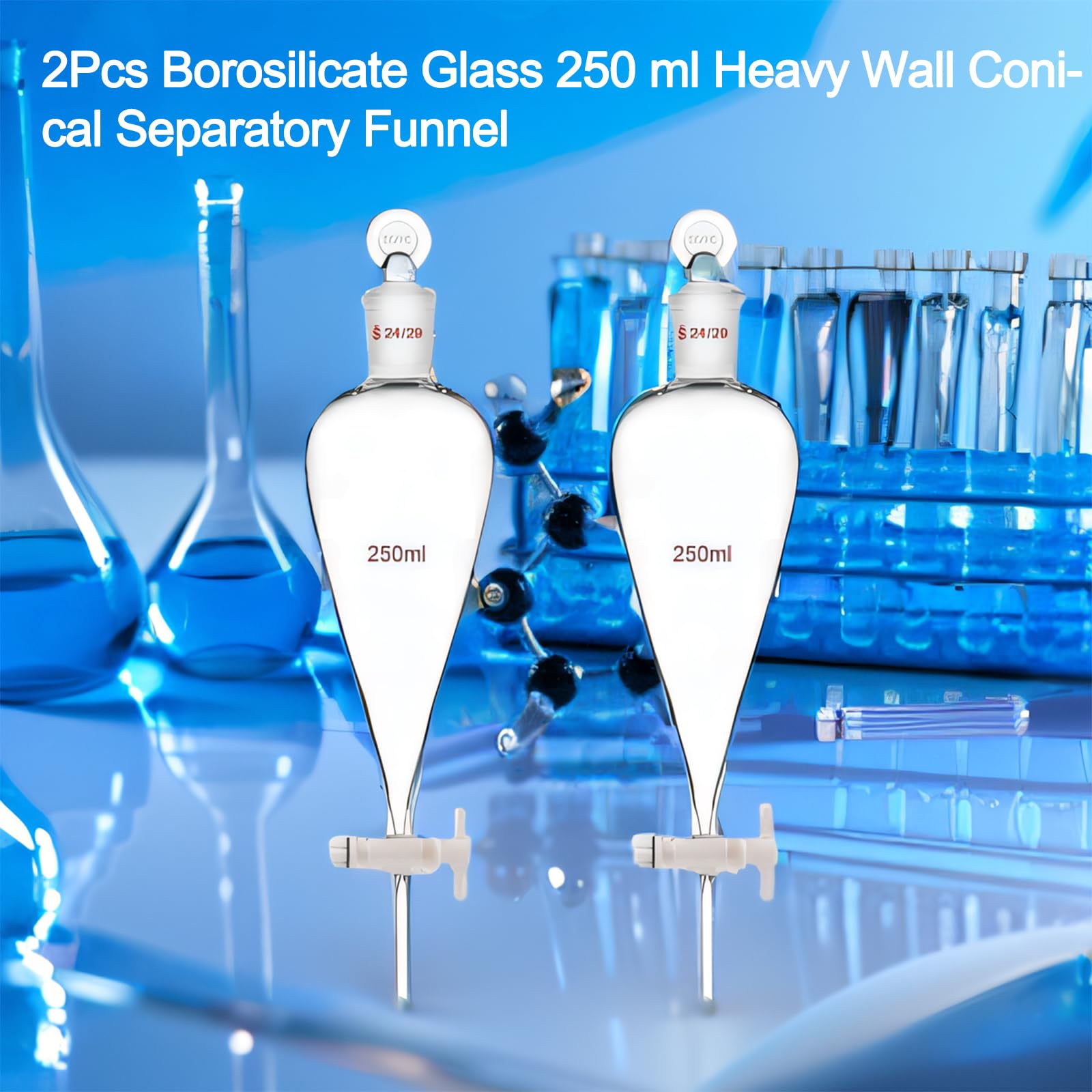 Embudo Separador de Vidrio de Borosilicato Cónico Transparente con Juntas 24/40 y Llave de Paso PTFE, 250 ml