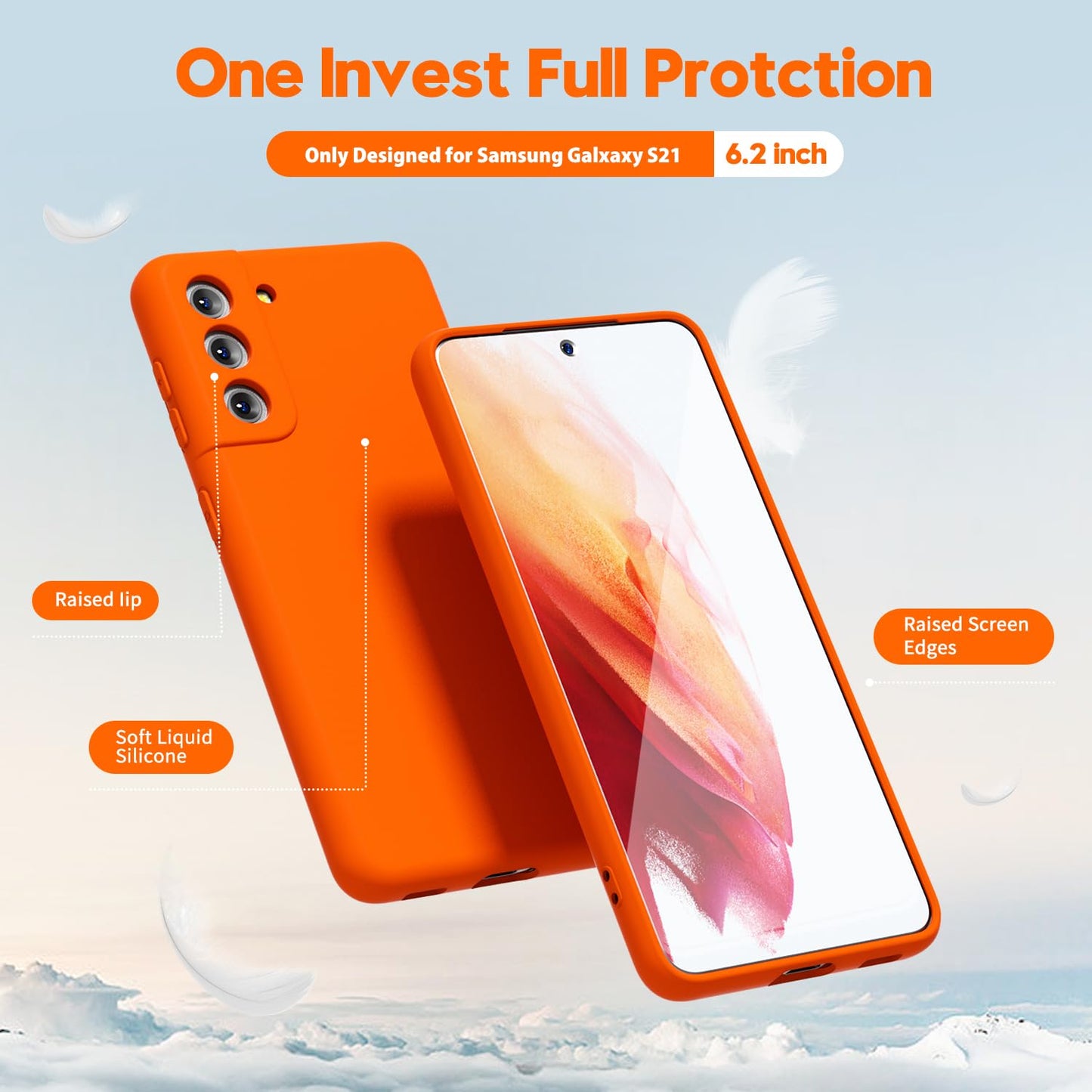 oakxco - Funda de silicona líquida para Samsung Galaxy S21 Plus, color sólido fluorescente, delgada, de goma suave, de TPU suave, gel mate, para mujeres y niñas, color naranja neón quemado