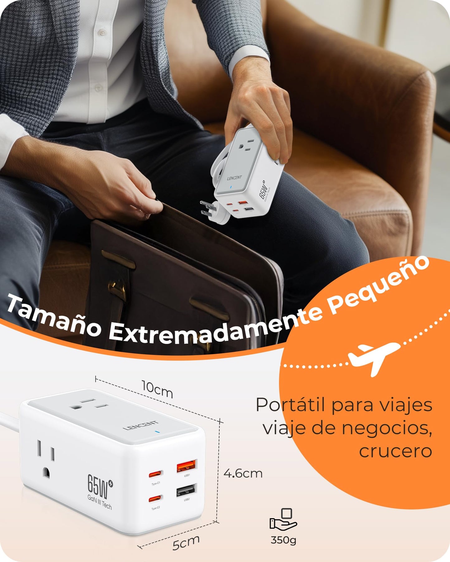 LENCENT Cargador USB C y PD 65W, Cargador Rápido GAN III Tech con 3 Tomas CA + 4 Puertos USB, Estación de Carga USB C de Cable para iPhone, iPad, Macbook, Galaxy, Huawei, Switch y más, Blanco