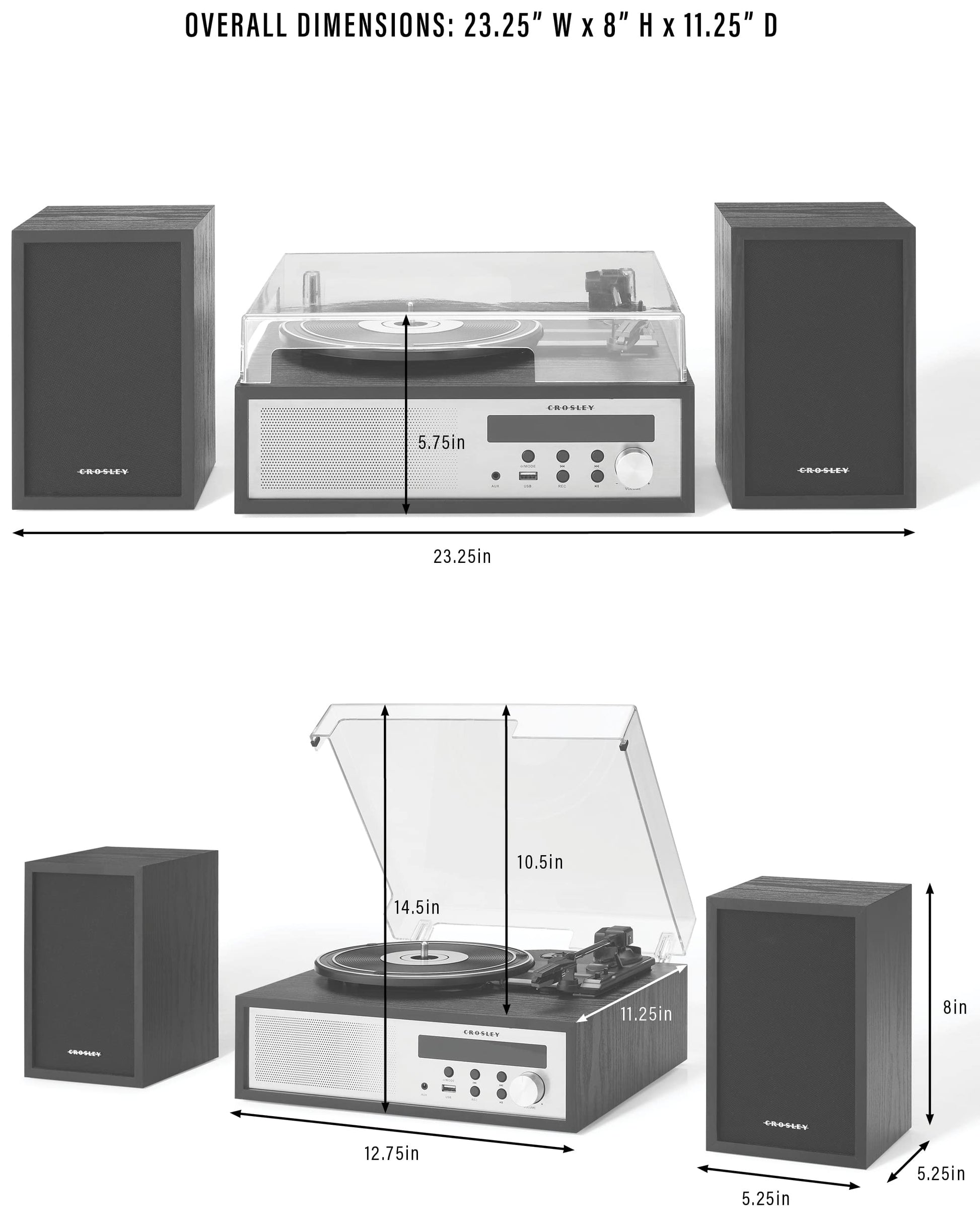Crosley CR7022A-BK Sloane - Tocadiscos Bluetooth de 3 velocidades y Sistema de Estante de Radio FM con Altavoces estéreo a Juego, Color Negro