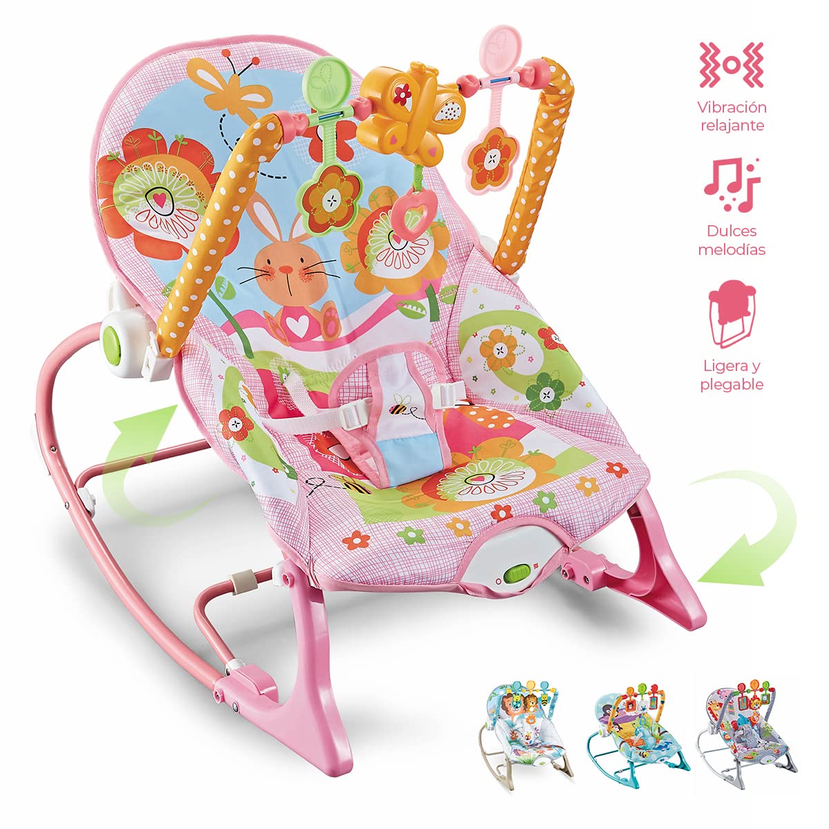 Silla Mecedora Musical Raganet Rosa con Barra de Juguetes Desmontable para Bebés y Niños