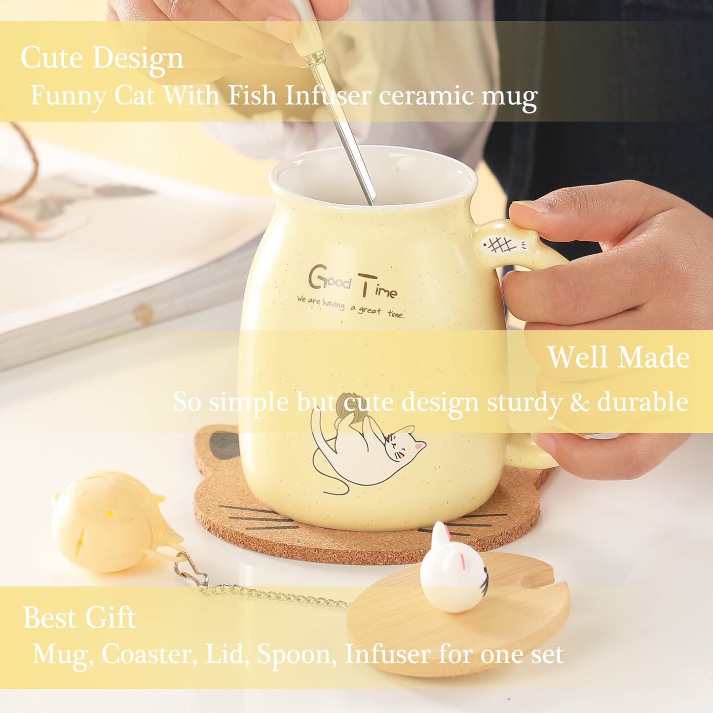 BigNoseDeer - Taza de té con infusor y tapa, taza de café de cerámica para gatos kawaii, taza de té, lindas cosas preparadas para gatos, regalos de cumpleaños, lindos regalos para mujeres y niñas (13