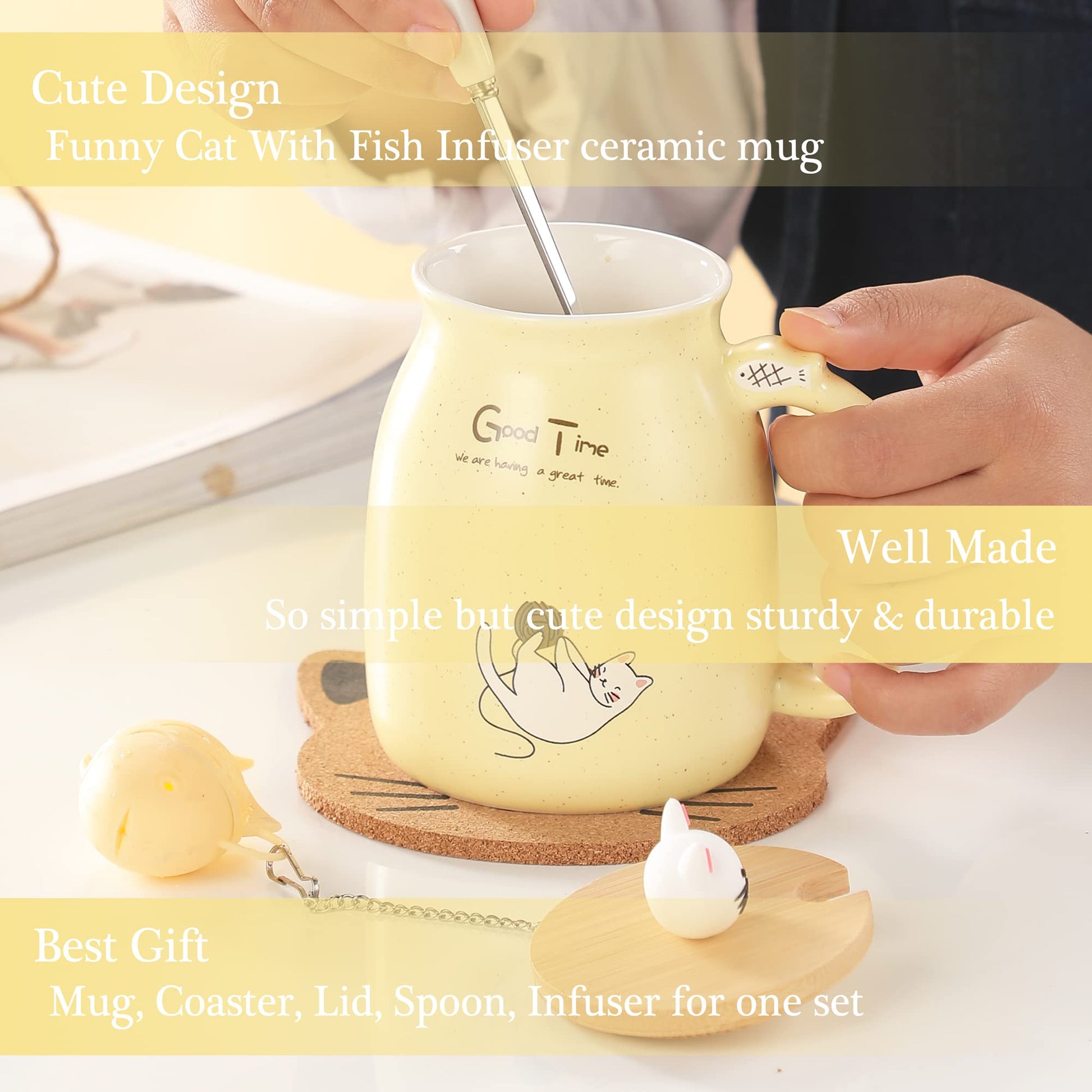 BigNoseDeer - Taza de té con infusor y tapa, taza de café de cerámica para gatos kawaii, taza de té, lindas cosas preparadas para gatos, regalos de cumpleaños, lindos regalos para mujeres y niñas (13