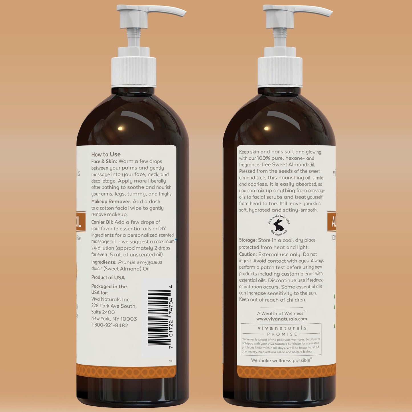 Viva Naturals Sweet Almond Oil 16 fl oz, 100% Pure and Hexane Free, Ideal for Skin and Hair
