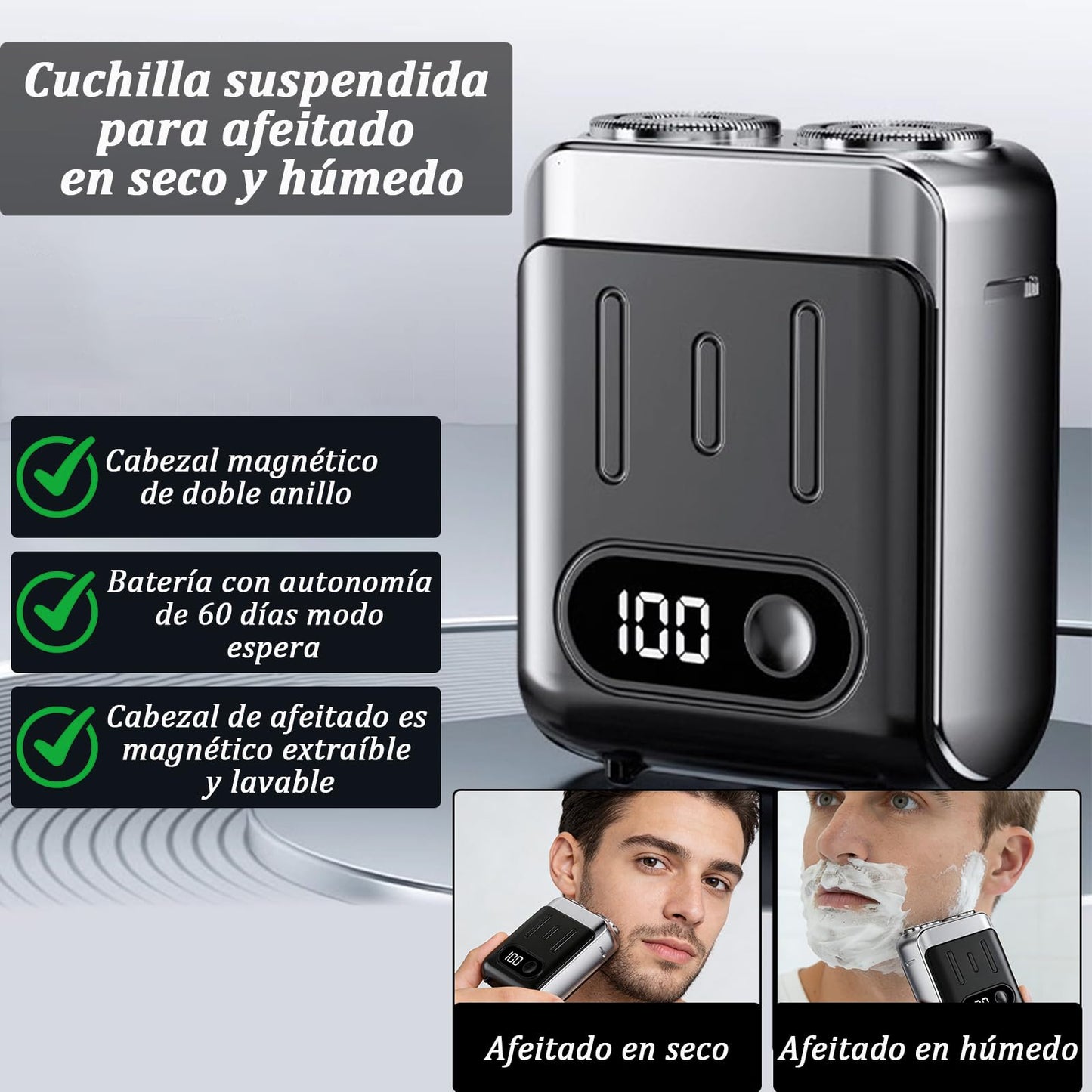 Afeitadora Eléctrica Portátil Rotativa,9000 Rpm de Mini Rasuradora Eléctrica,Luggage Electric Shaver,Doble Cabezal,un Botón,Uso en Seco y Húmedo,Afeitado Precisión de 360°,para Viajes,Hogar y Oficina (Negro)