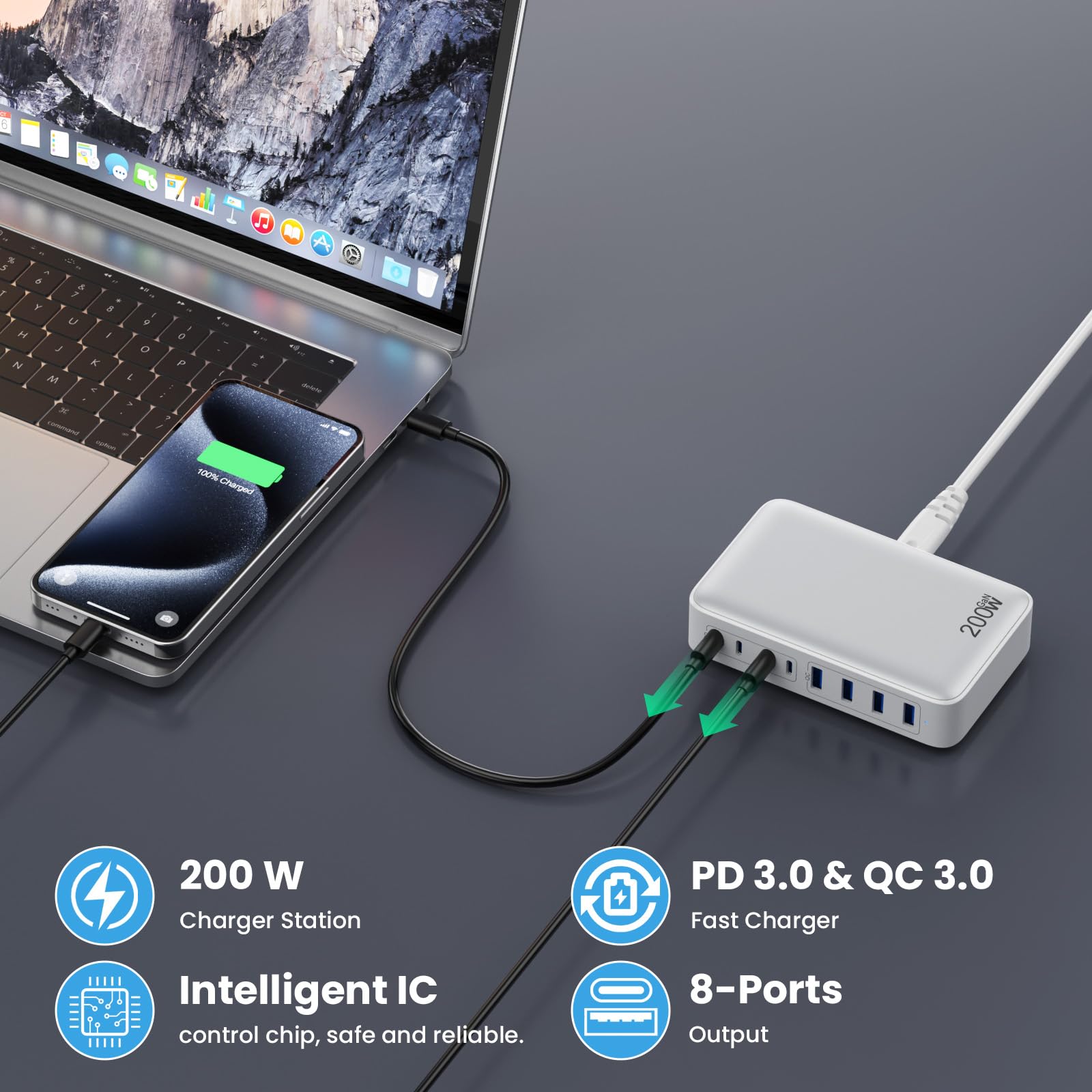 Cargador USB C Estación de Carga Rápida 200W GaN III 8 Puertos