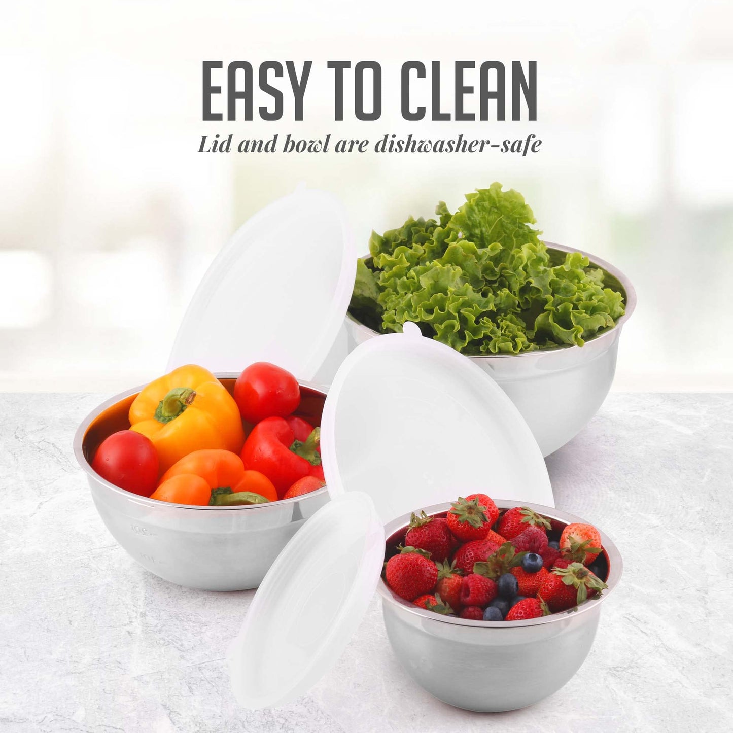 Juego de Cuencos de Acero Inoxidable Ovente Plateado con Tapa y Marcas de Medición para Cocina