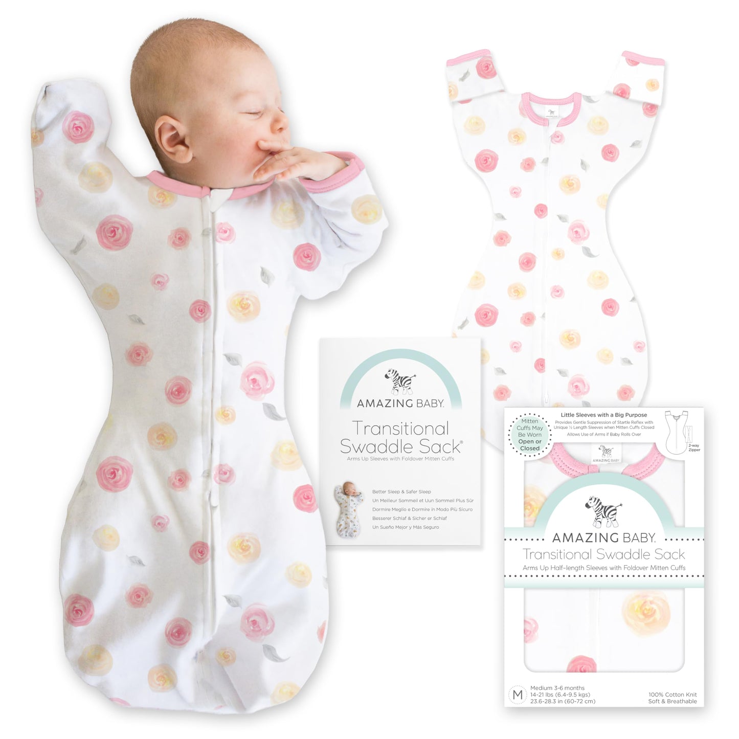 Increíble saco de transición para bebé, mangas de media longitud y puños de manopla para la transición del recién nacido al saco de dormir del bebé, manta portátil, Med, 3-6 meses, 14-20 libras, rosas