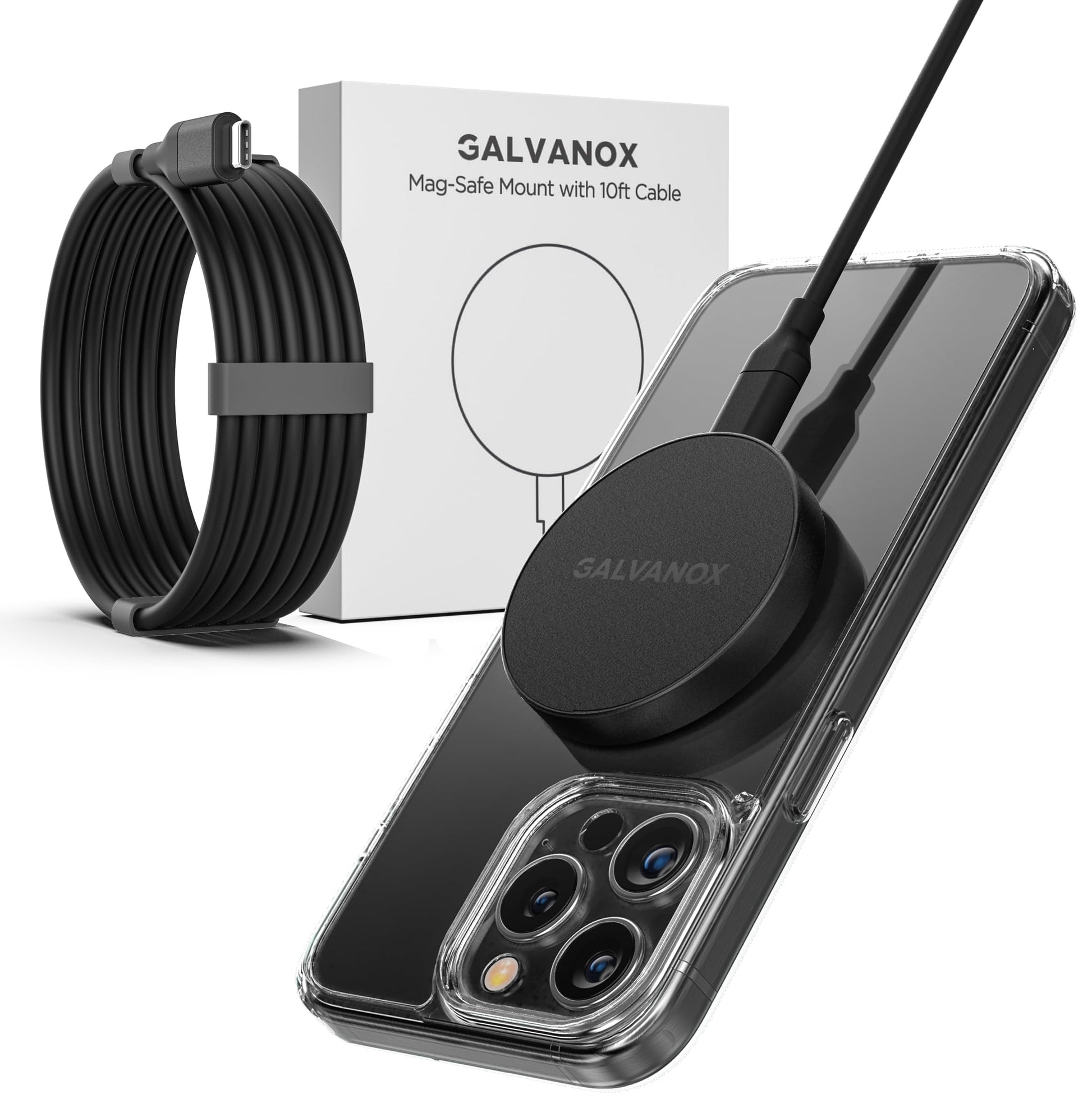 Galvanox Cargador inalámbrico largo, compatible con MagSafe (cable de 10 pies) magnético de 15 W, almohadilla de carga rápida para iPhone con cable flexible y extraíble (negro)