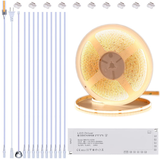 BENLUN 12V Tira LED COB Bajo Mueble Cocina Kit 10 Metri, Luz LED 3000K Blanco Cálido, Luces LED Adhesivas Recortable, con Dimmer y Fuente de Alimentación para Vitrina, Armario, Estanteria